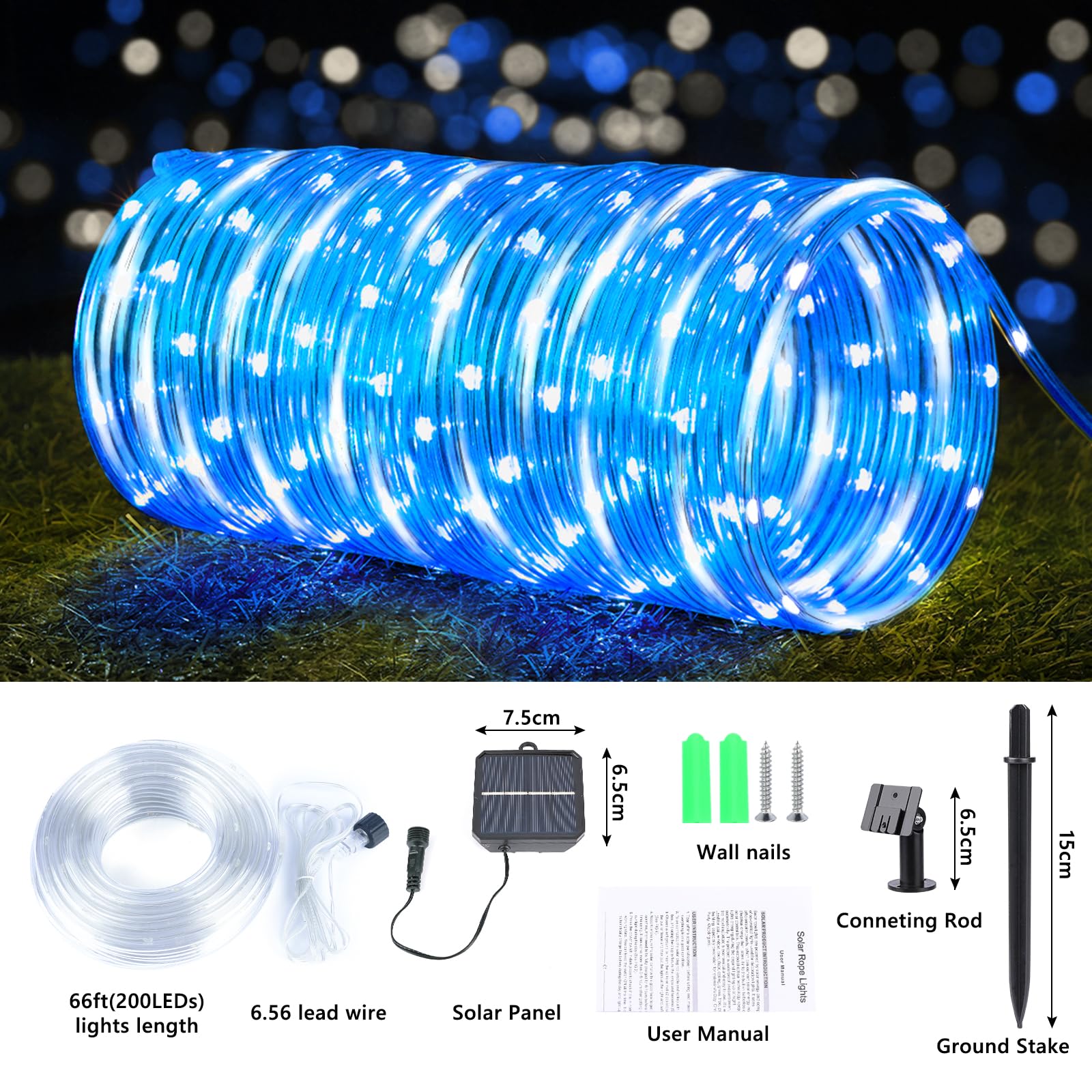 Jnaurb Solar Rope Lights, 200LED, 66ft, Waterproof, Flexible Tube Light, White & Blue for Garden, Patio, Pool, Christmas Decor