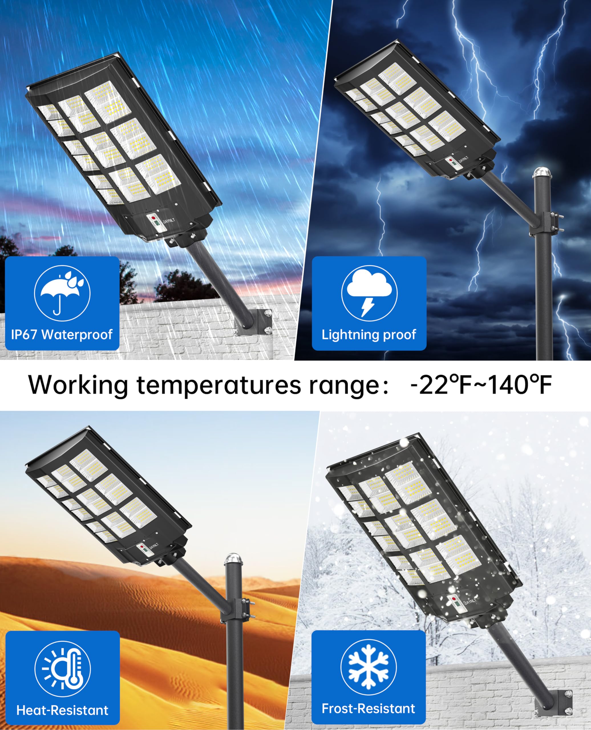 JAYNLT Y-3600W Solar Street Lights 360000LM 6500K Waterproof Motion Sensor Black 1Pack