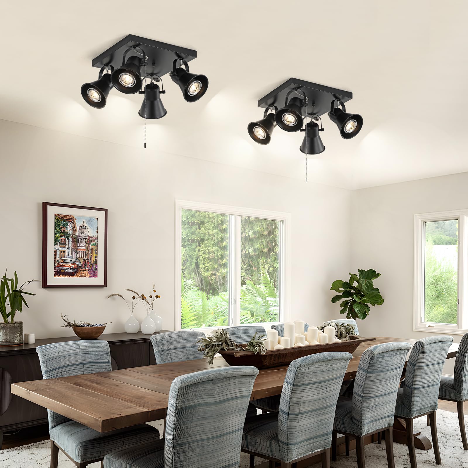Seeblen 4 Light Track Lighting Fixtures Ceiling With Pull Chain On/Off Switch,Black Kitchen Lights Ceiling Square Flush Mount,Ad