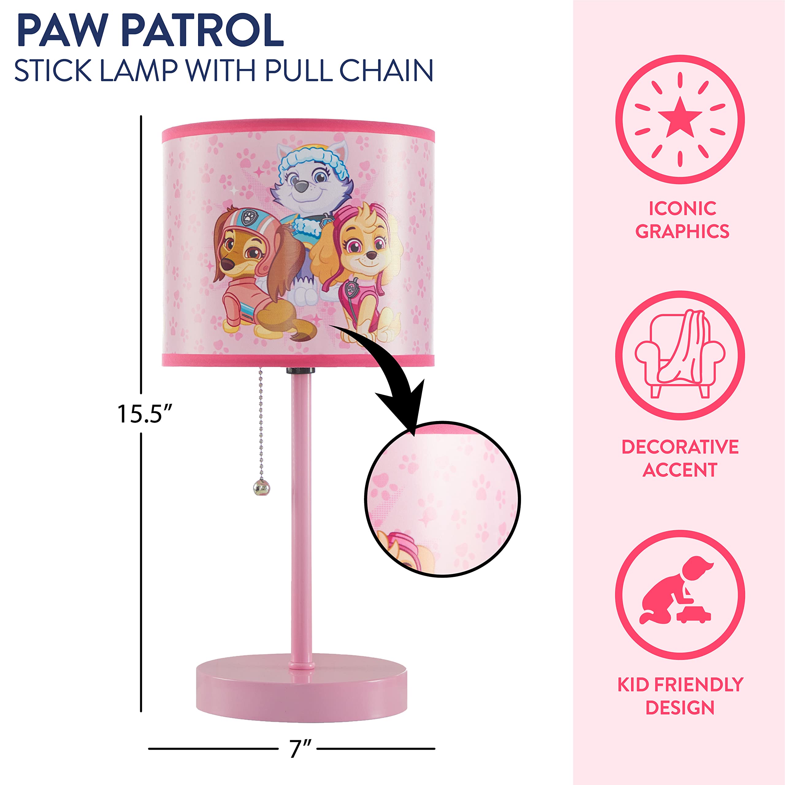 Idea Nuova Kids Lamp - Paw Patrol Everest, Liberty & Skye - Metal, Themed Decorative Shade, Model WN350688