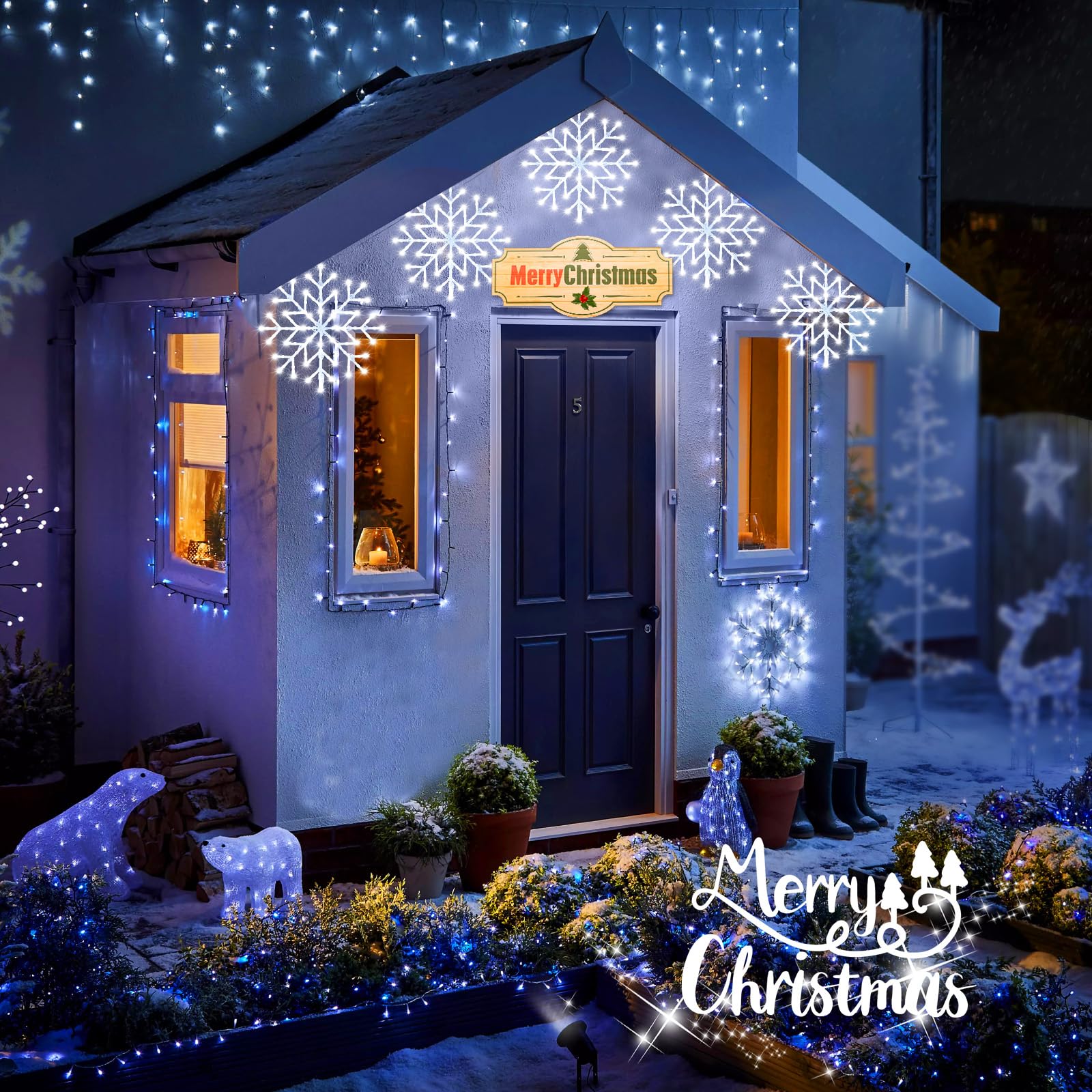 Brightown Christmas Snowflake Icicle Lights - 240LED, 10.5ft, 5 Drops, White, Model JT-EL-FC300V0200-C, 8 Modes for