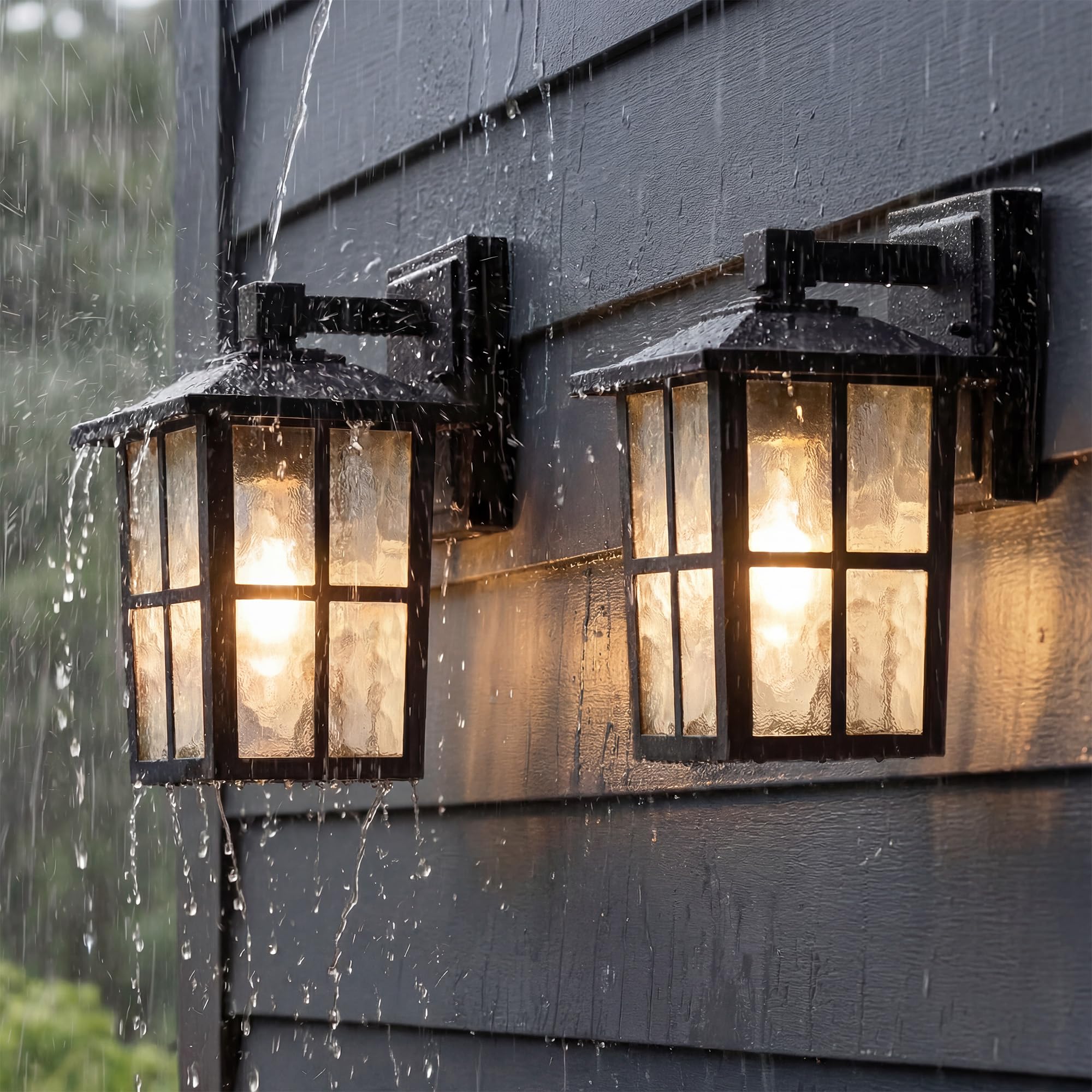 KDG Outdoor Waterproof Patio Wall Light Fixtures Set of 2, Black E26 Socket Exterior Lanterns with Tempered Glass, Modern Wall M