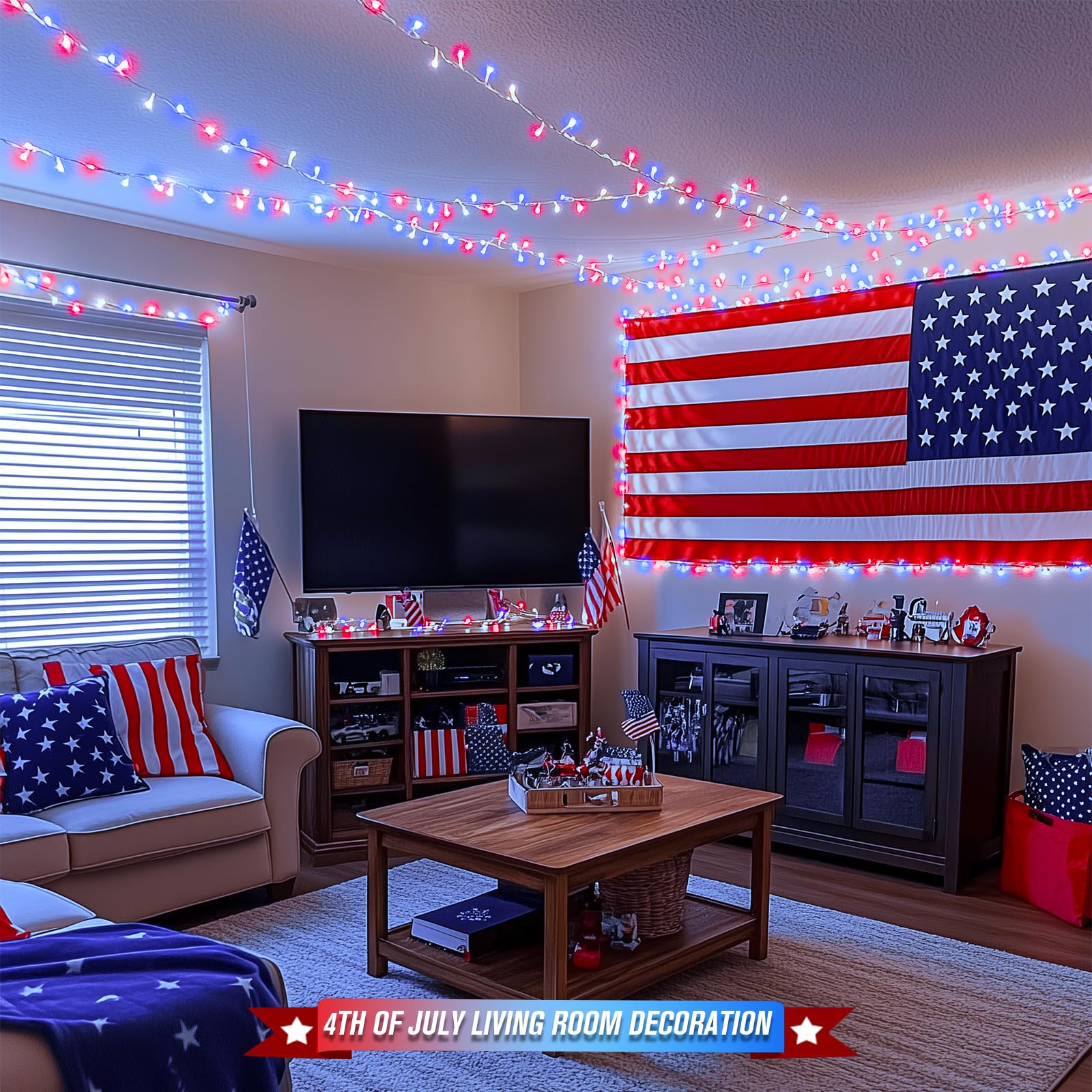 Jmexsuss 400 Led Red White And Blue Lights Outdoor, 132Ft 4Th Of July Lights Indoor, 8 Modes Patriotic String Light For Memorial