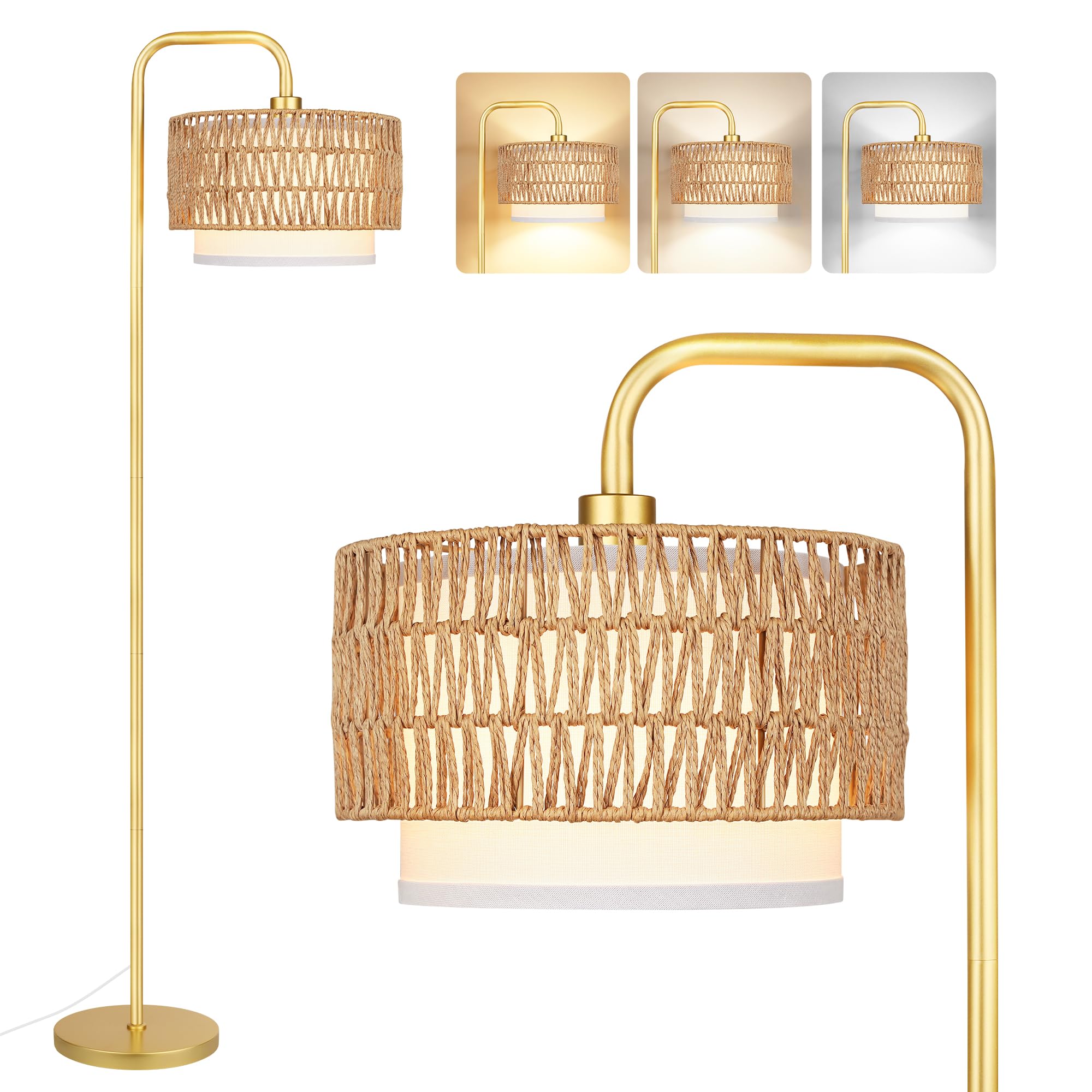 Partphoner Gold Floor Lamp, Dimmable Remote, Boho Rattan & Fabric Shades, 3 Color Temperatures