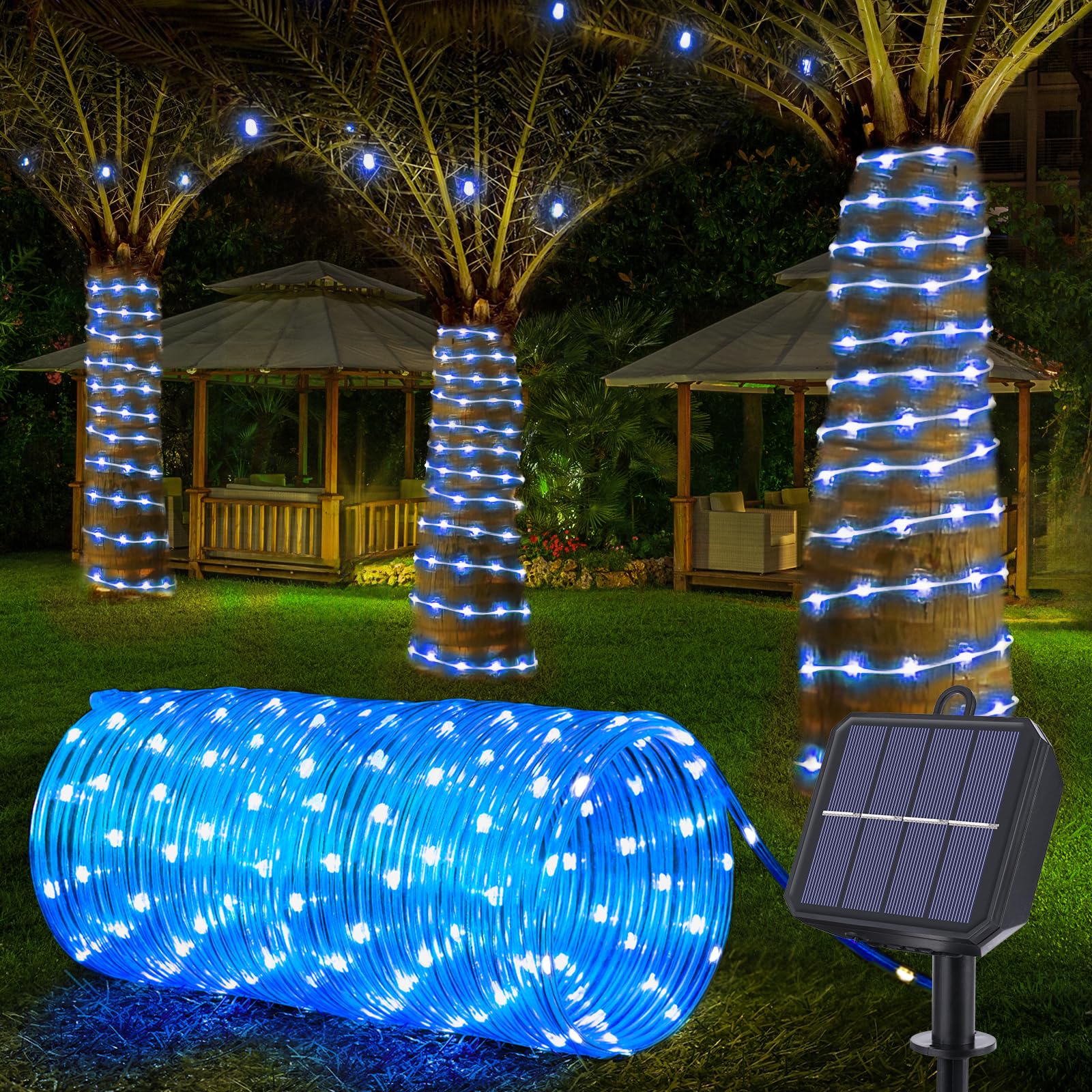 Jnaurb Solar Rope Lights, 66ft 200LED Waterproof String Lights, Blue Flexible Tube Light for Outdoor Garden Decoration