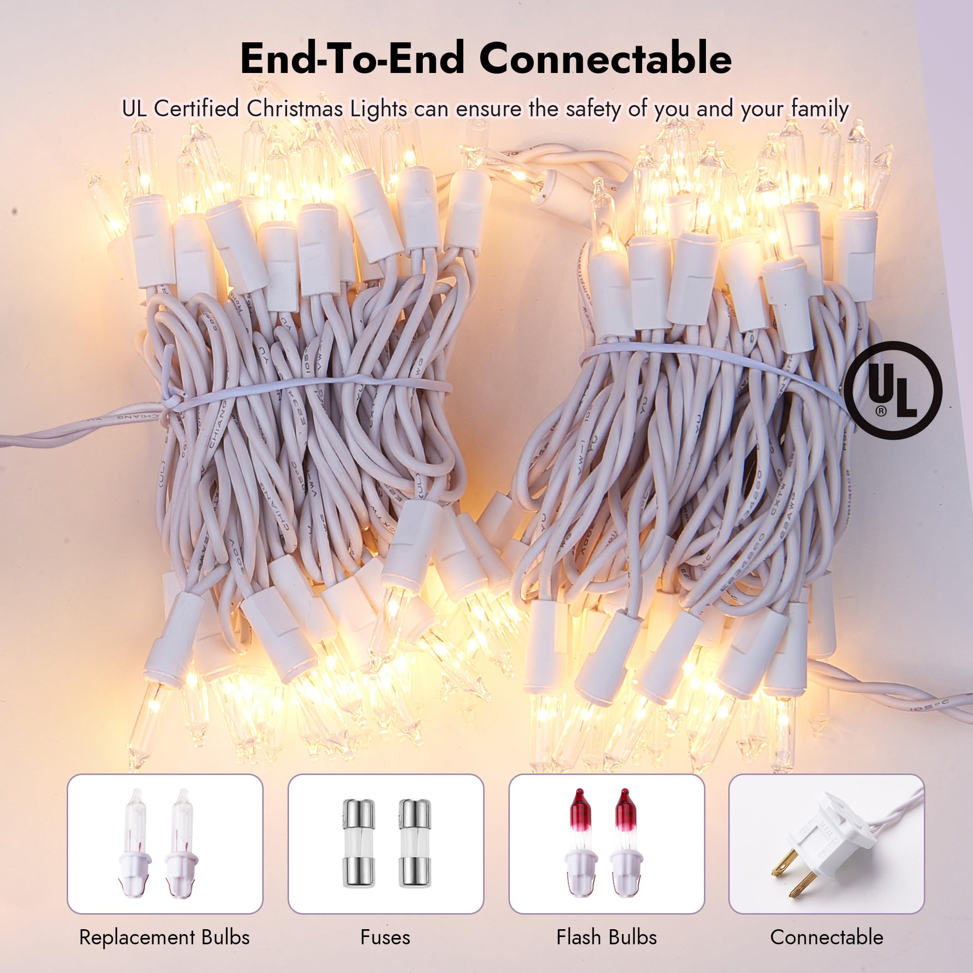Dirnun Christmas Lights Clear White 100 Count Incandescent Light Ul Certified Connectable Christmas Tree Lights With White Wires For Indoor Outdoor Xmas  Wedding  Holiday  Party  Home Decorations