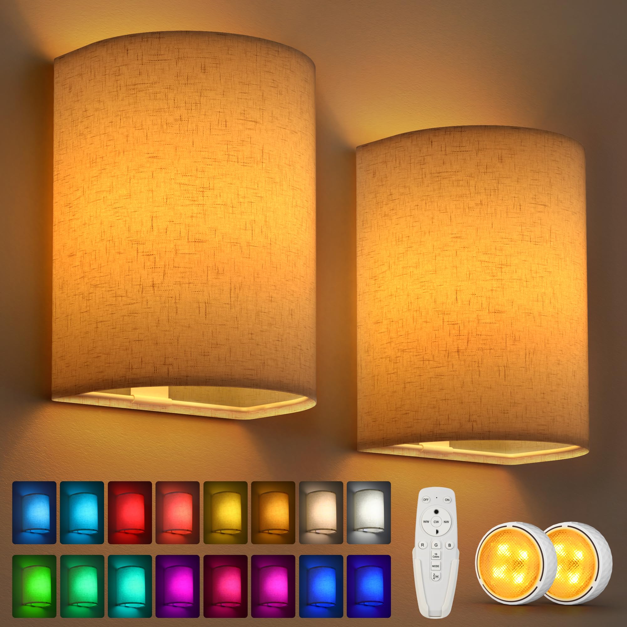 Battery Operated Wall Sconce Night Lights For Bedroom Set Of 2, Wireless Led Wall Lamp With Remote & Timer, Linen Fabric Shade C