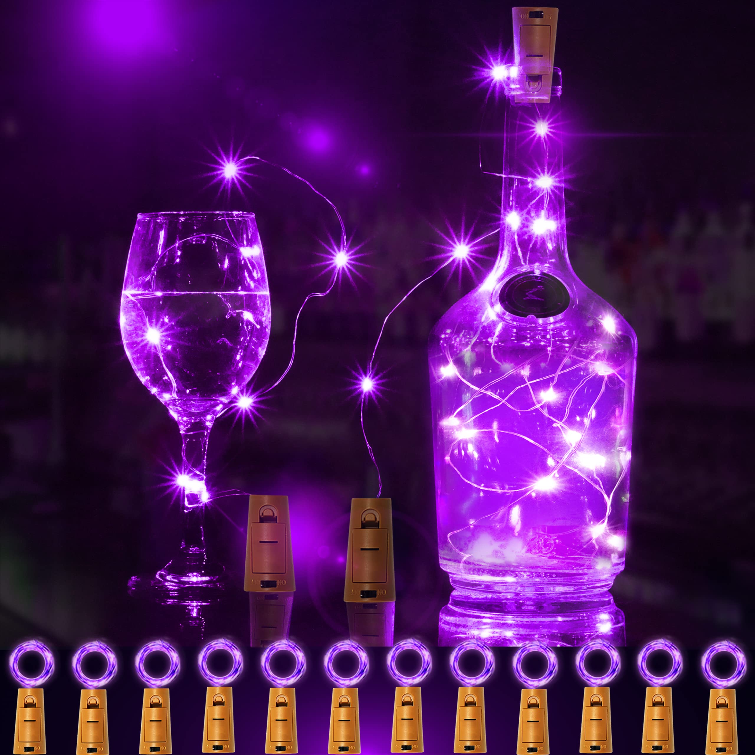 12 Packs 20 LED Wine Bottle Lights with Cork - Silver Wire Fairy String Lights Battery Operated Cork Lights for Wine Liquor Bottle,Halloween,Christmas,Birthday,Wedding Party Decor(Purple)