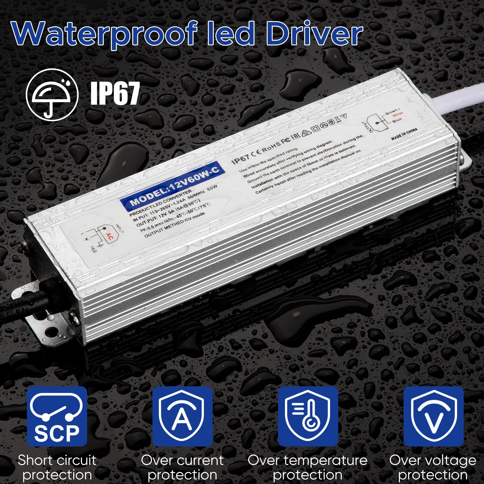 Karyoosi Waterproof Ip67 Led Driver Power Supply 12V 60W 5A, 110V Ac To 12V Dc Converter, Ideal For Indoor And Outdoor, Marine, And Industrial Led Lighting Applications