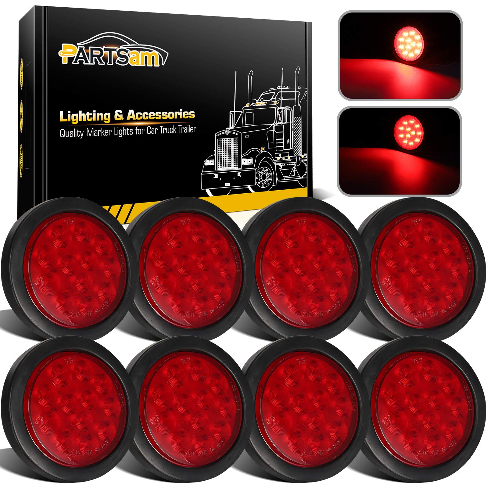 Partsam 8Pcs 4 '' Round Red Led Trailer Tail Light, 4 Inch Round Led Stop Turn Tail Lights Brake Brake Trailer Lights For Rv Tru