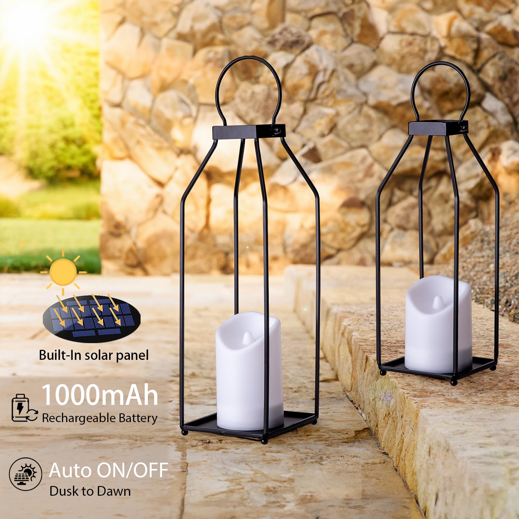 Solar Lanterns Outdoor Waterproof Farmhouse Black Metal Outdoor Lantern Flickering Candles With Timer, Lanterns Decorative Outdoor For Front Porch, Patio, Christmas, Fall Decor- All Fortune