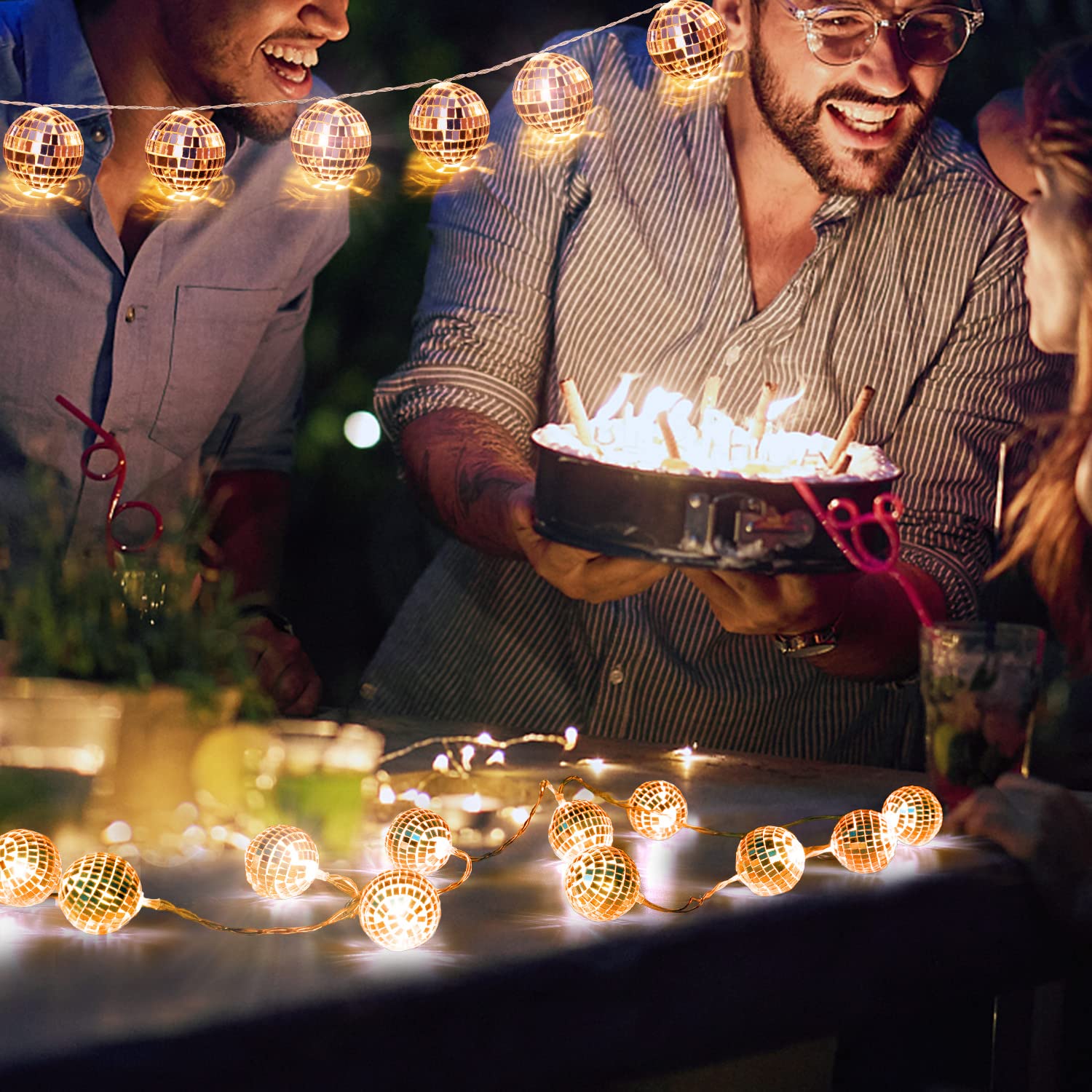 AceList 20 LED 9.8ft Disco Ball String Light - Battery Powered and USB Plug, Disco Ball Lights for 70's Disco Party Decorations
