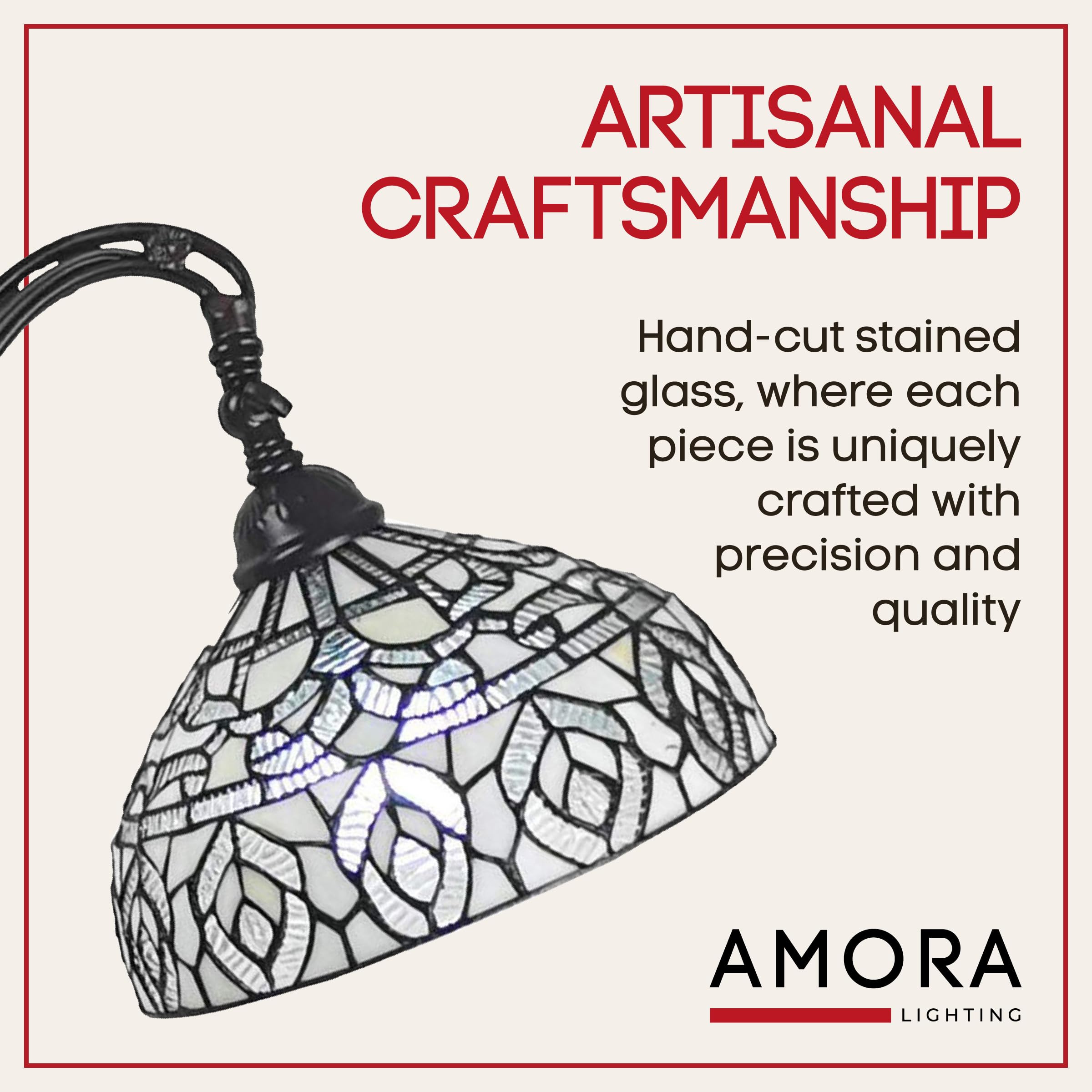 Amora Tiffany Floor Lamp - Arched Stained Glass 62” - Adjustable Shade, Foot Switch - White Mahogany, 12" Diameter, Model AM277FL12B