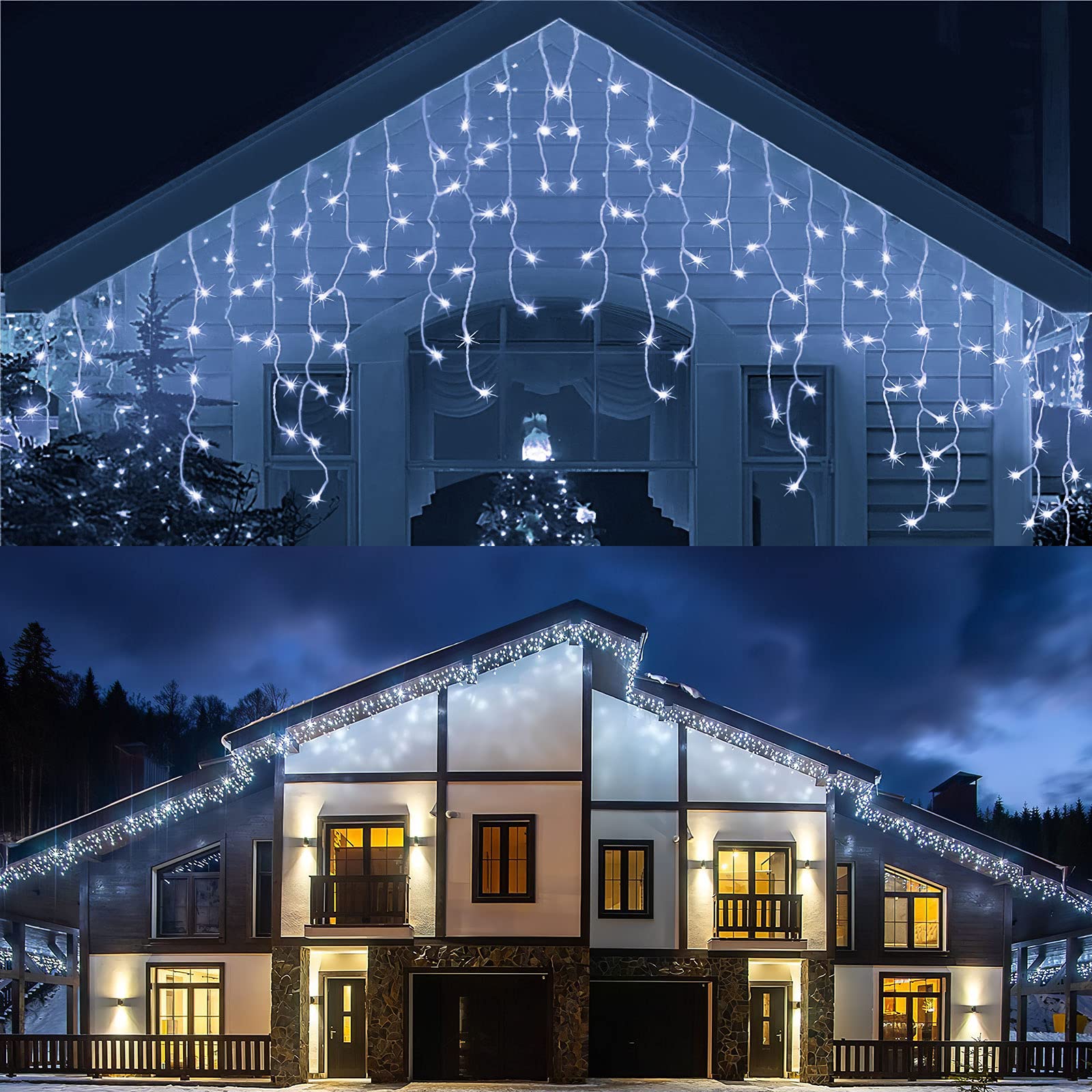 Amberfun 32.8Ft 400 Led Cool White Icicle String Lights, Waterproof With 8 Modes For Christmas Decor