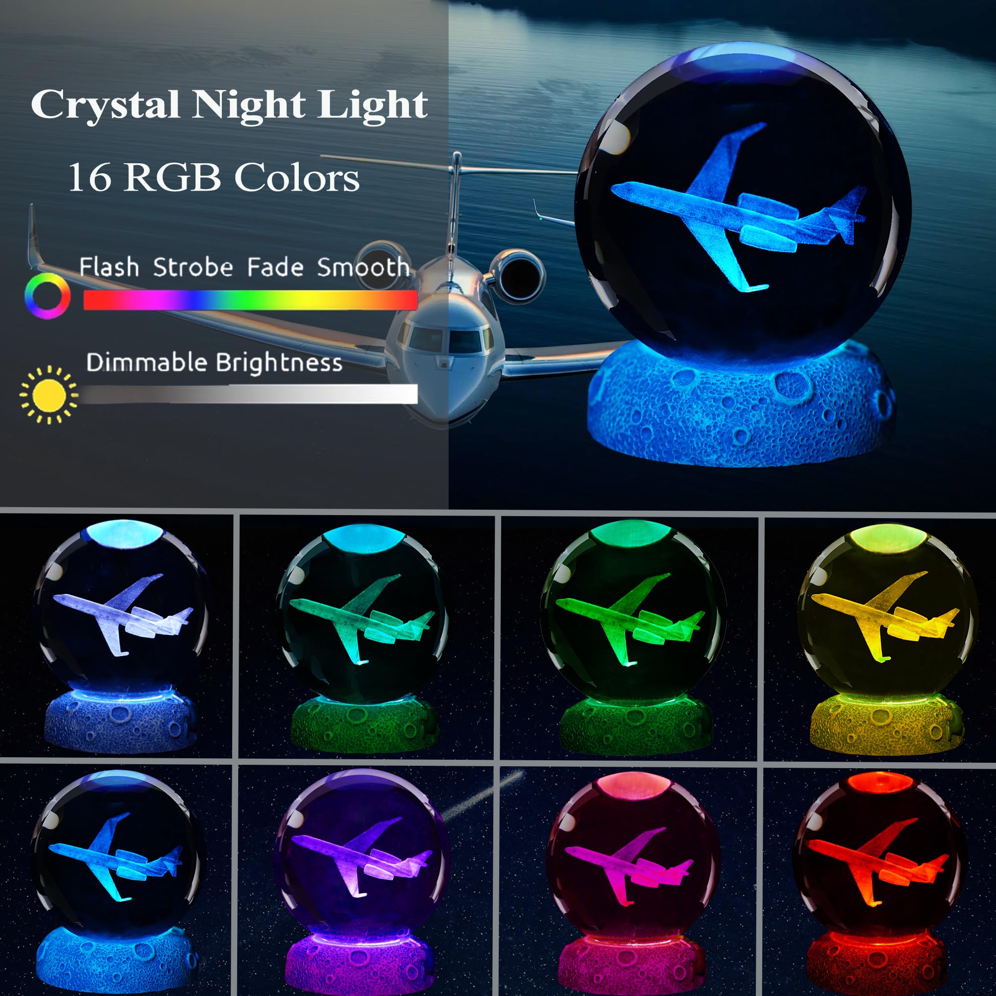 Planes Night Light, Aviation Gifts, 3D Crystal Ball 3.15 Inch (80Mm) Airplane Night Light With Remote, Pilot Lamps With 16 Color