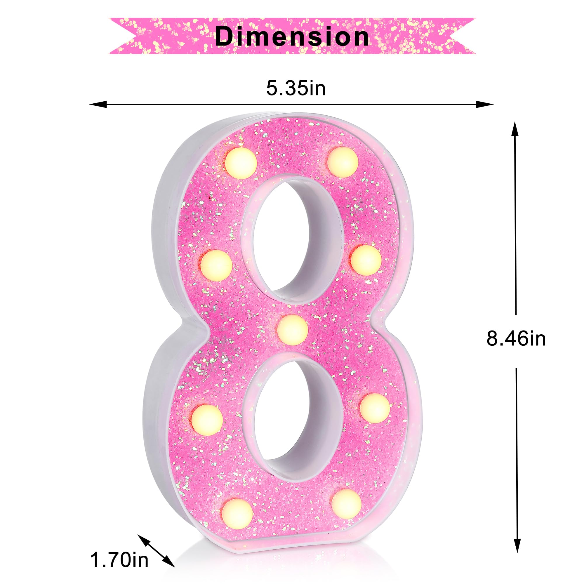 Foaky Led Letter Lights Sign Light Up Pink Letters Glitter Alphabet Letter Sign For Night Light Wedding/Birthday Party Battery Powered Christmas Lamp Girls Gifts,Number 8, Happy 18Th Birthday Decoration (8)