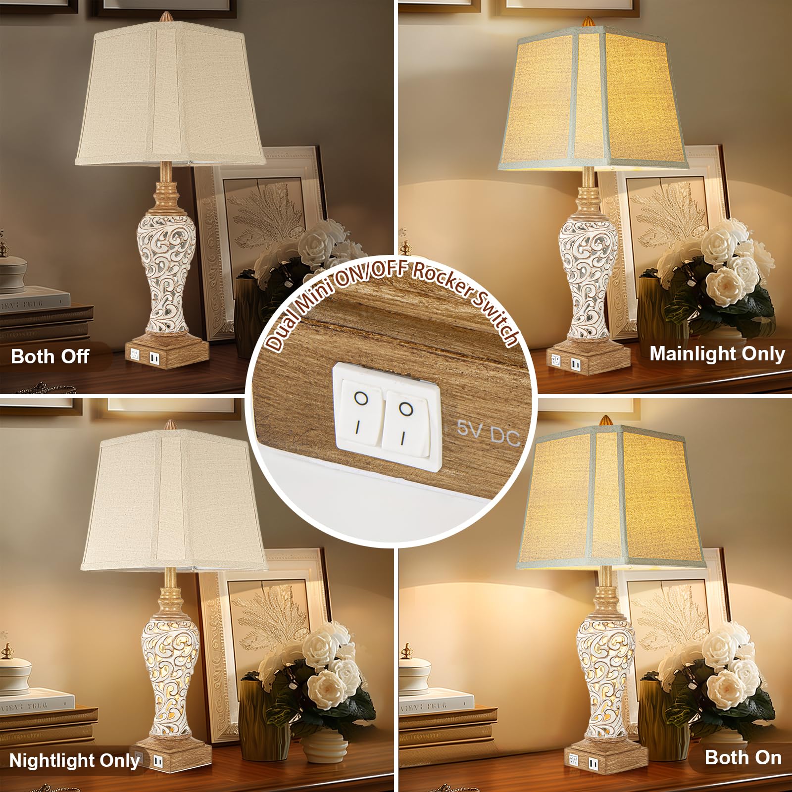 28.5'' Rustic Table Lamp Set Of 2 For Living Room Farmhouse Lamps For Bedroom, Bedside Lamps With Night Lights And Usb C+A Charg