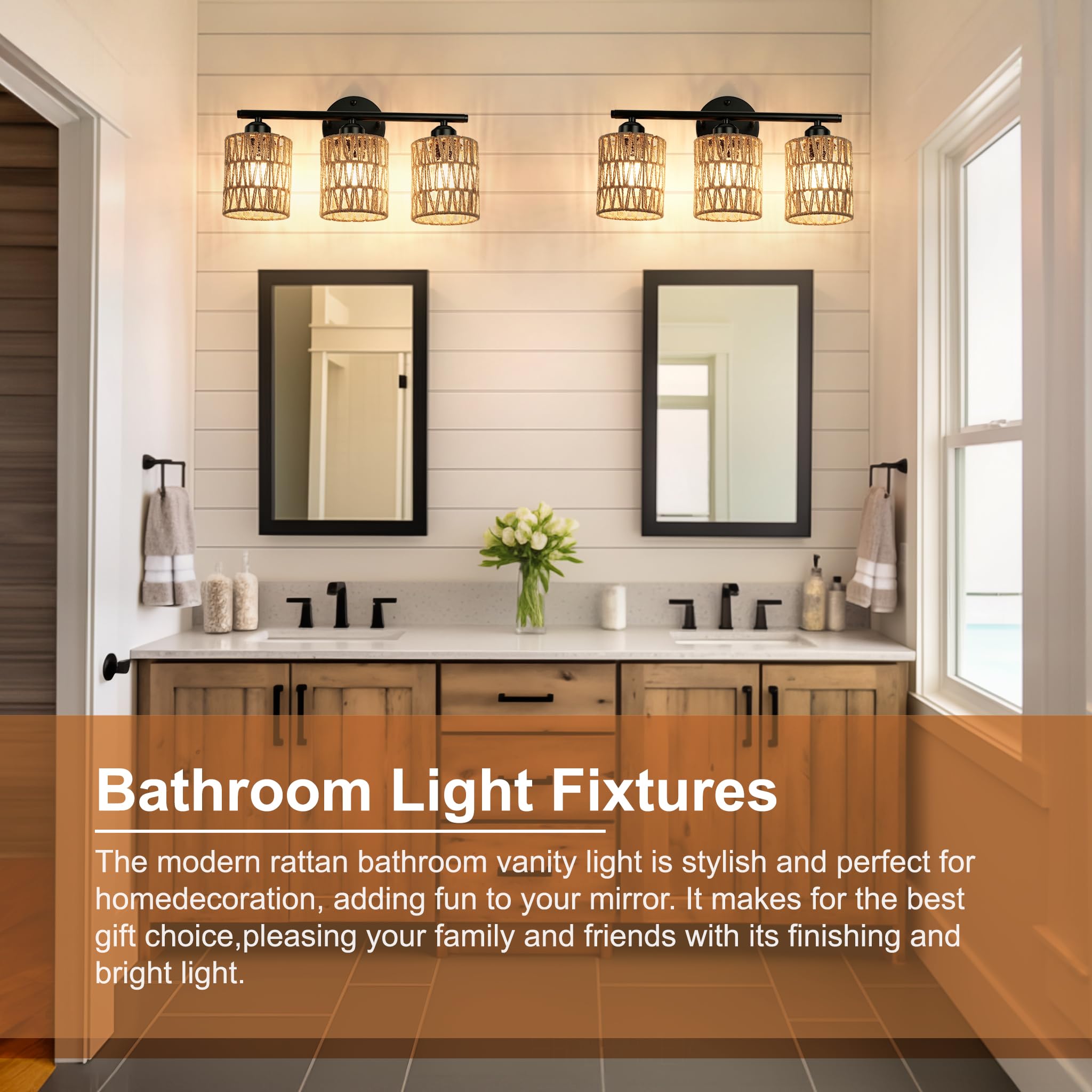 Frideko 3-Light Bathroom Vanity Light Fixtures, Modern Rattan Bathroom Lighting Fixtures Over Mirror, Boho Wall Sconces With Wov