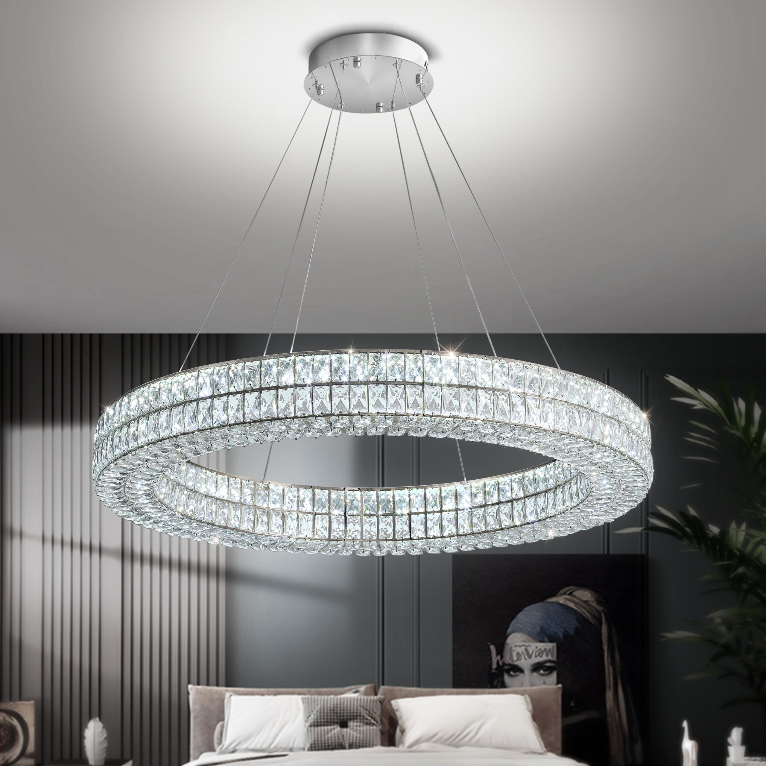 IDEQUY LED Round Ceiling Chandelier, 40in, Dimmable, Stainless Steel & Crystal, Modern Design, Black