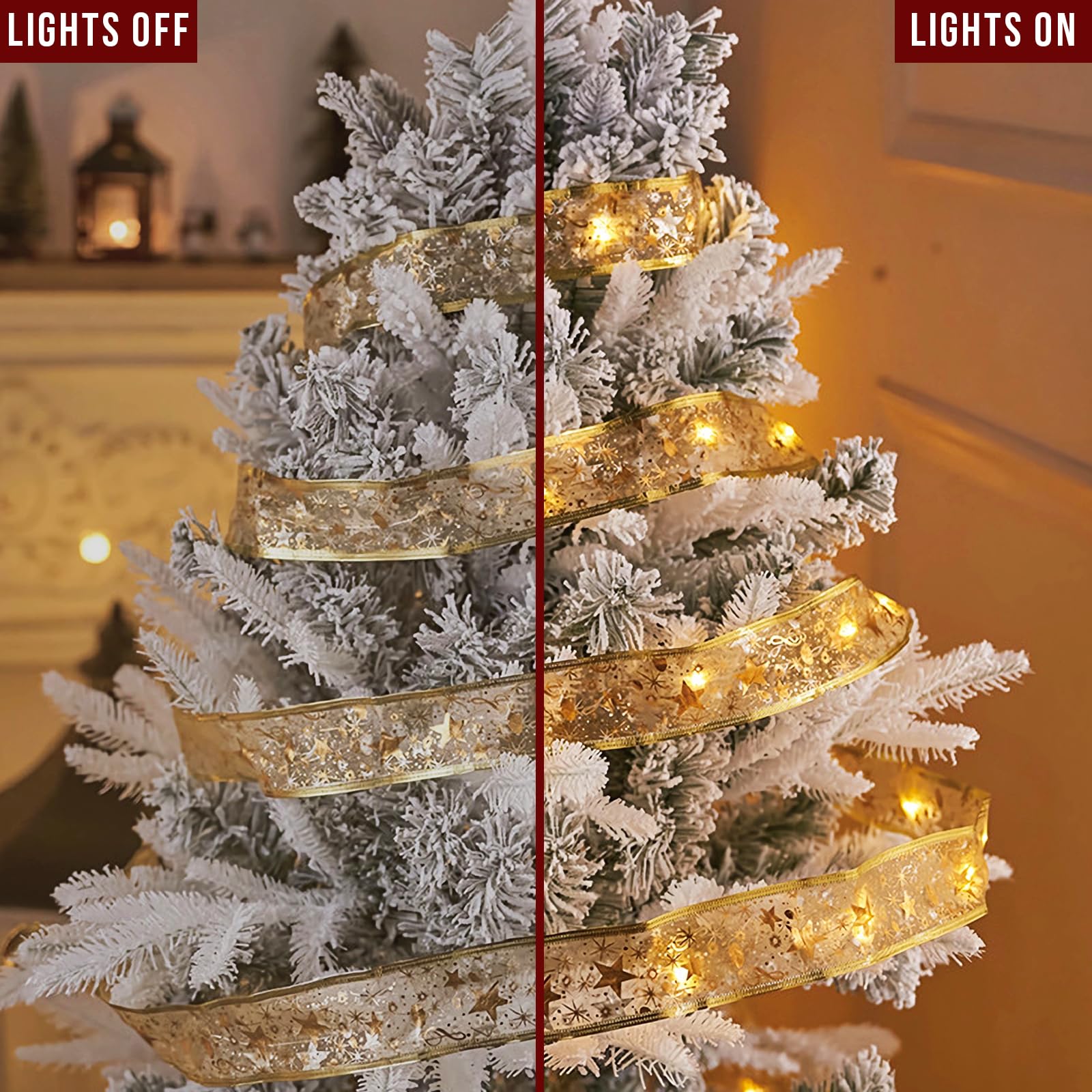 Christmas Ribbon Fairy Lights 33Ft 100 Led String Lights Battery Operated 2In Gold Foil Ribbon With Warm White Twinkle Firefly Lights Indoor Starry Holiday Decoration For Christmas Tree