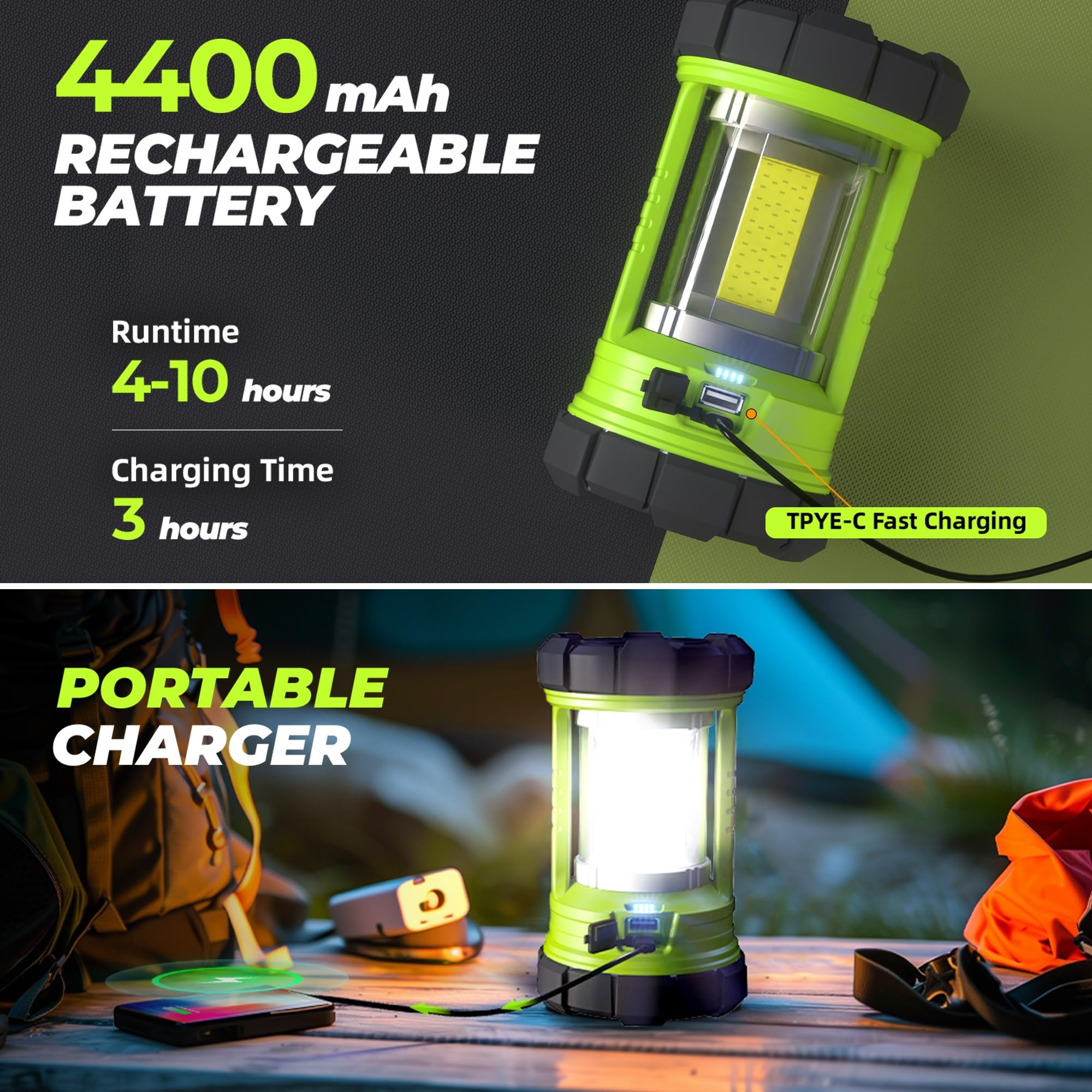 Camping Lantern 3000LM, LED Lanterns for Power Outages with 4400mAh Phone Charger, Impact-Resistant Rechargeable Lantern, 5 Ligh