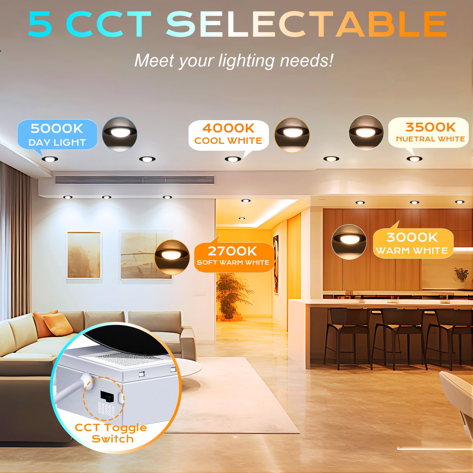 Cloudy Bay [4 Pack] 6 Inch 5 Color Swivel Led Gimbal Recessed Light With Junction Box Ic Rated Air Tight,120V Cri90+,2700K/3000K