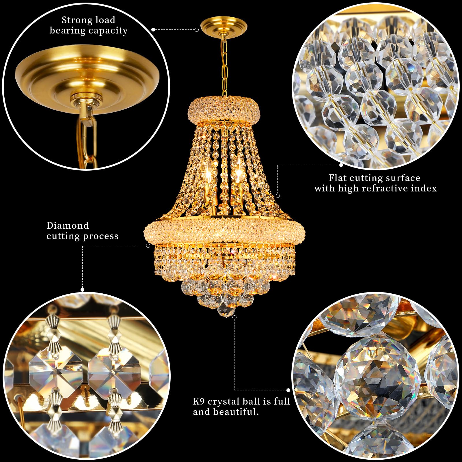 Gifarich Crystal Chandelier, 6 Lights, Gold Empire Style, D15'' - Perfect for Dining Room, Living Room, Kitchen, Entryway