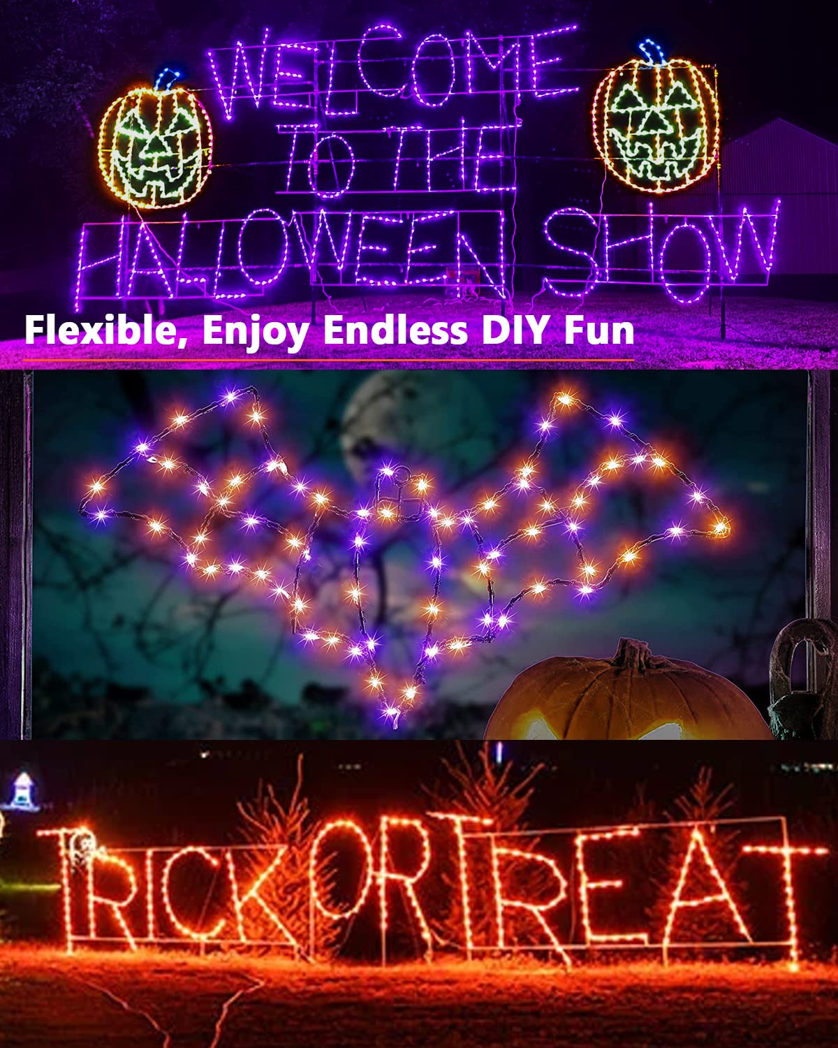 Brizled Halloween String Lights, 240 LED, 78ft, 2 Pack, Orange & Purple, Solar, 8 Modes, Outdoor Twinkle, Black Wire