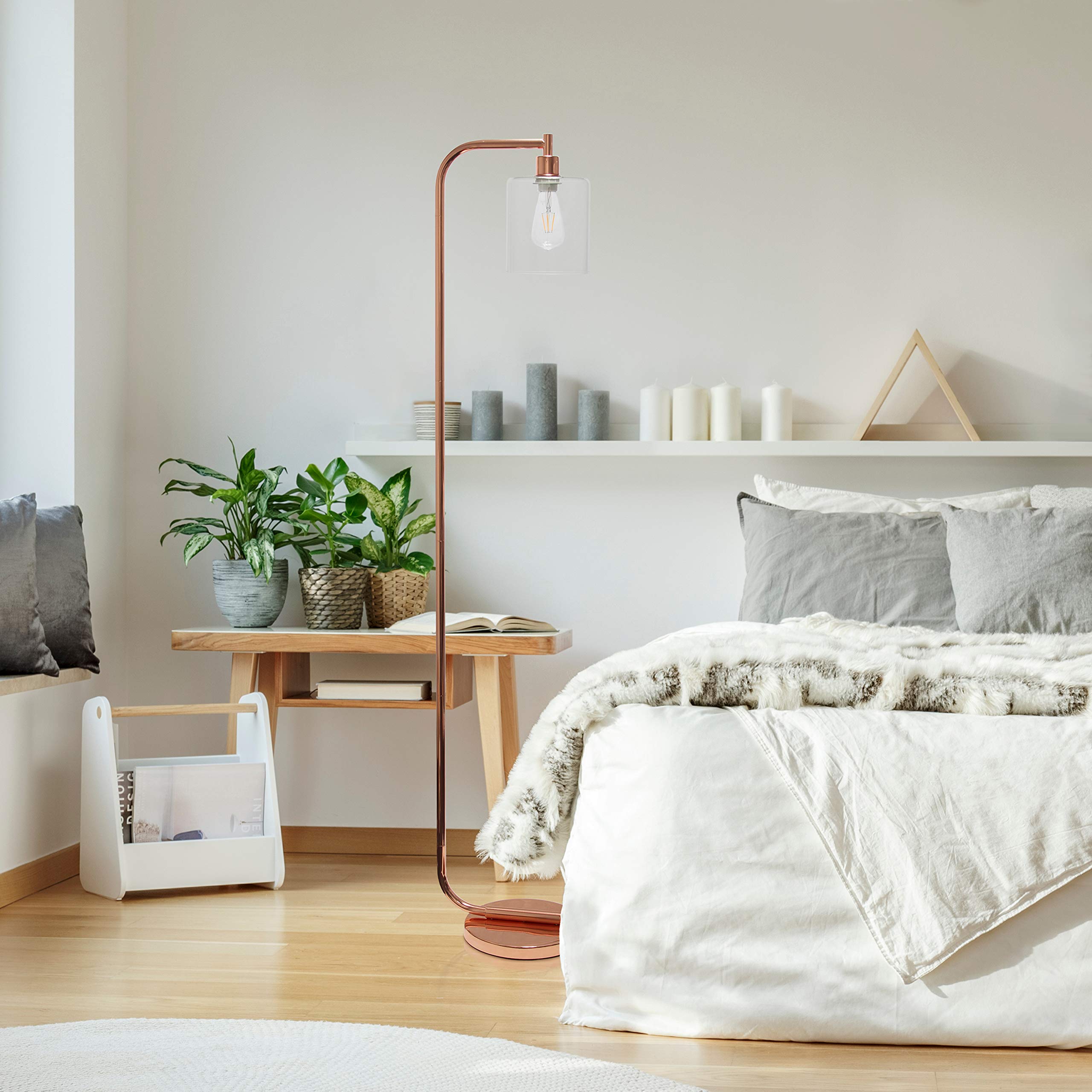 Simple Designs Antique Style Iron Lantern Floor Lamp, 63in Height, Rose Gold, Model LF1036-RGD, Glass Shade