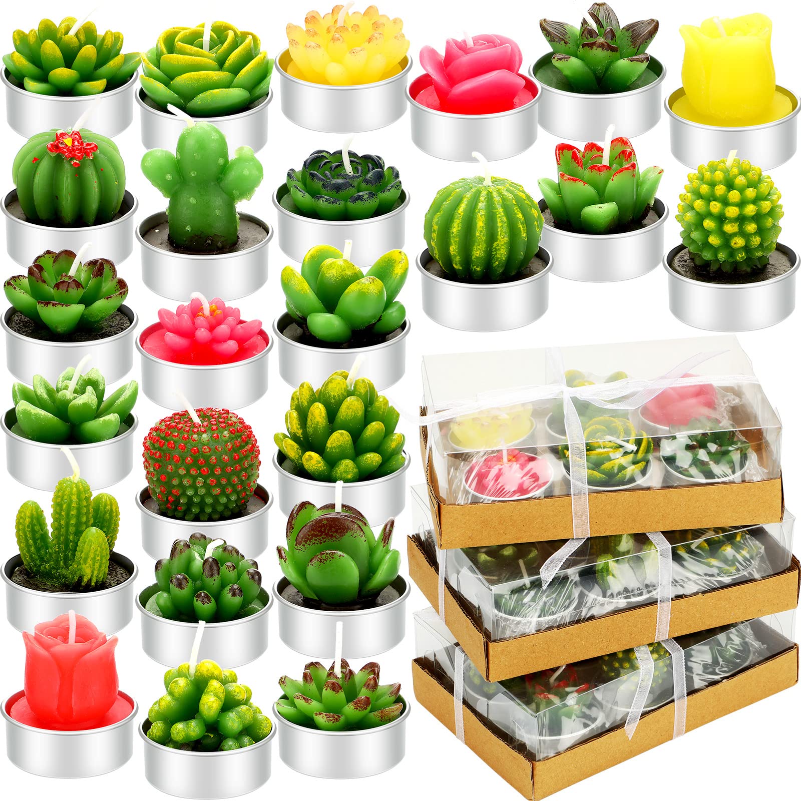 Shihanee 48 Pcs Succulent Cactus Tealights 24 Styles Handmade Mini Plant Tealight Candles Bulk Unscented Smokeless for Wedding S