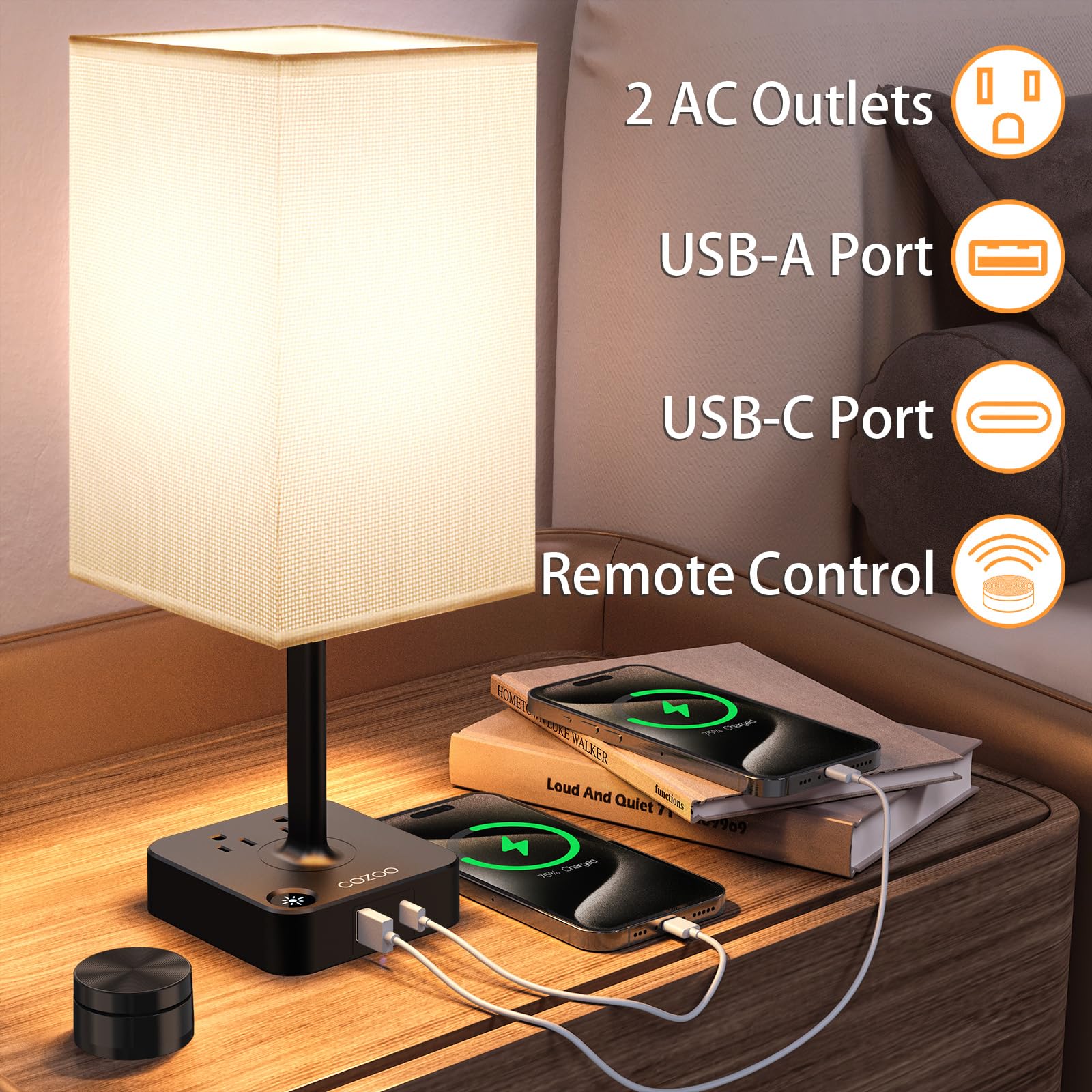 COZOO Dimmable Bedroom Table Lamp with Remote, USB C+A Ports, 2 AC Outlets, White Shade, Model CZC003S