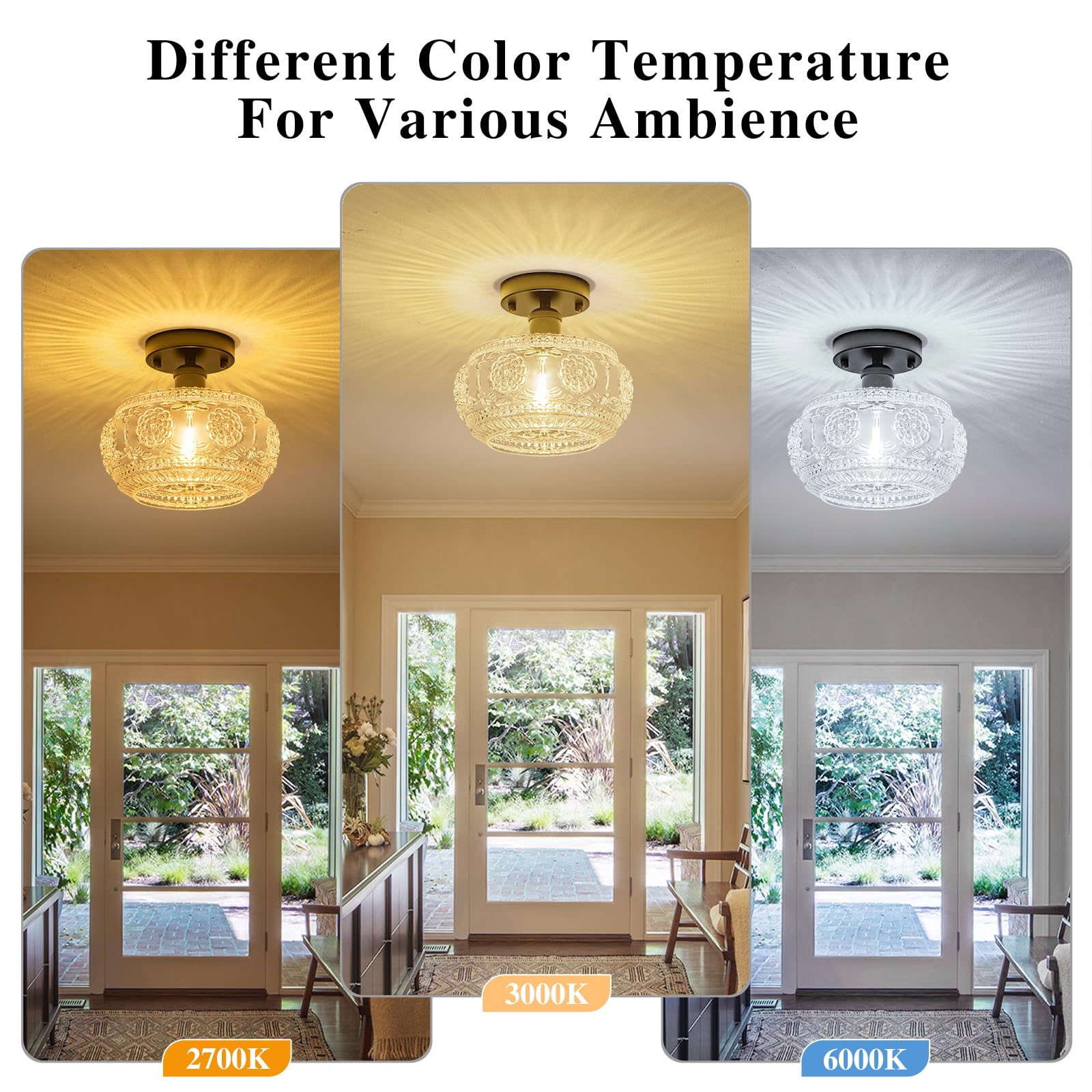 Tbaoinla Semi Flush Mount Ceiling Light Fixture - Black Metal Base & Floral Glass Shade  Modern Vintage Lighting For Entryway  Bathroom  Kitchen  Bedroom (Bulb Not Included)