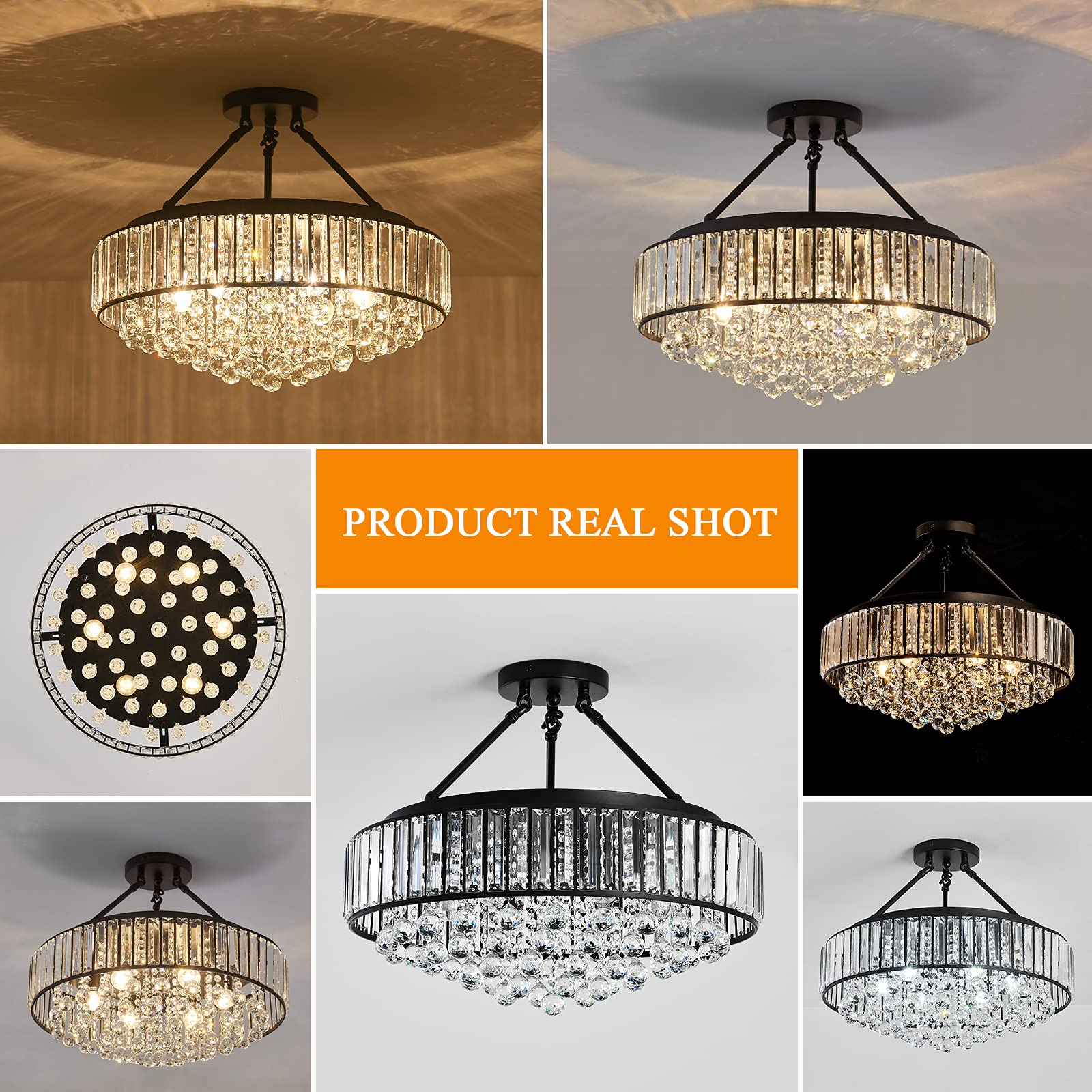 Yyjlx 6-Light Modern Black Metal Crystal Chandelier Semi Flush Mount Ceiling Lamp