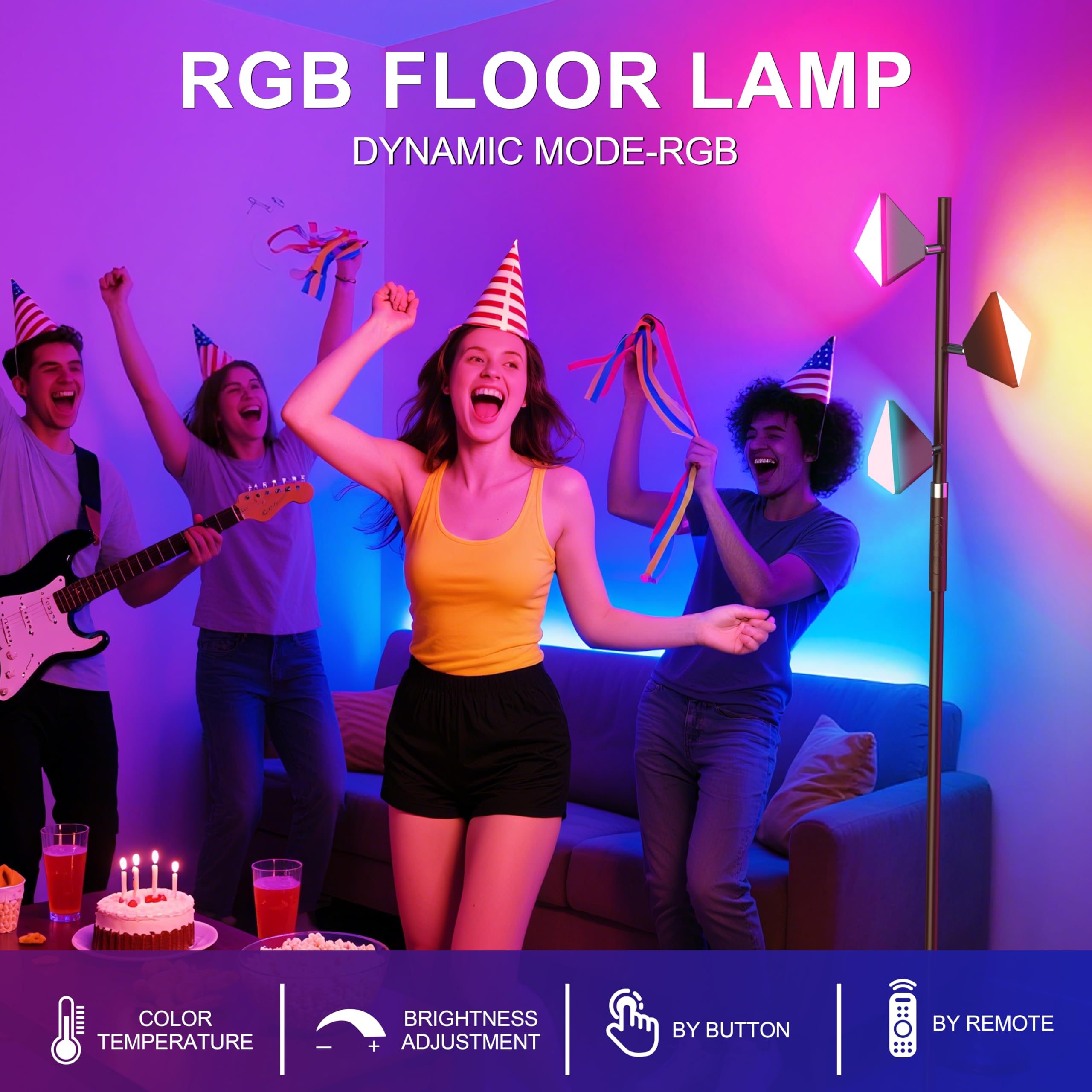 RGB Tree Floor Lamp for Living Room, Stepless Dimmable Tall Standing Lamp with Remote, Touch Control and 3 Rotatable Light, Brig