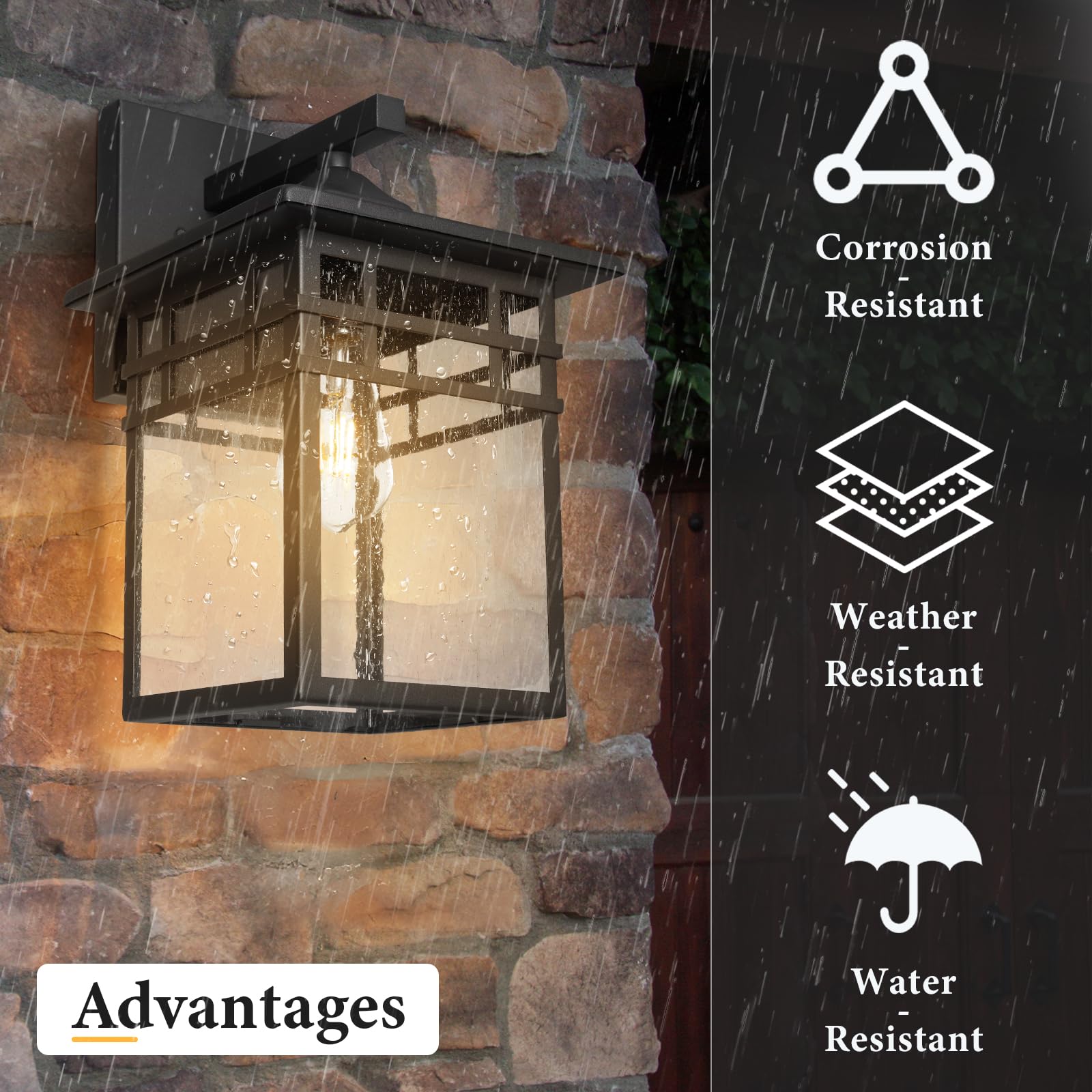 Diyel Outdoor Wall Lantern, Black Waterproof Sconce with Seeded Glass, 9-Inch Large Size for Front Porch & Doorway
