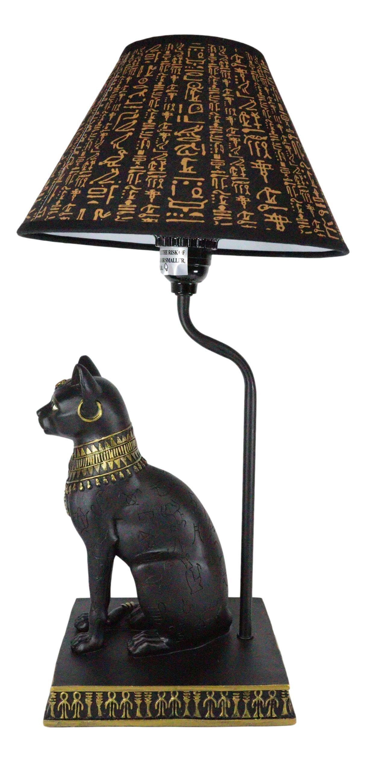 Ebros Gift Egyptian Goddess Bastet Cat Side Table Lamp, 18" High, Black and Gold, Resin, Hieroglyphic Shade, Deity of Protection