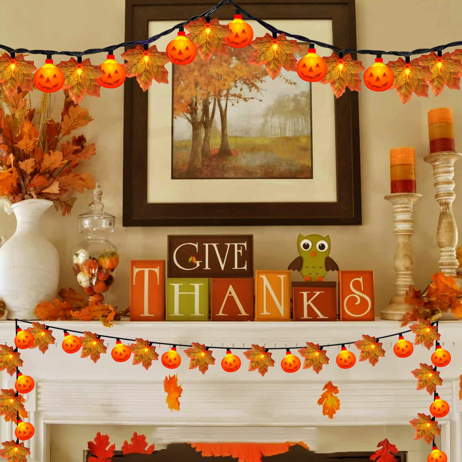 Thanksgiving Day Red Maple Leaf with Pumpkin LED Lights, 13.5FT Plug in Autumn Fall Light with 35 Mini LED Bulbs for Thanksgivin