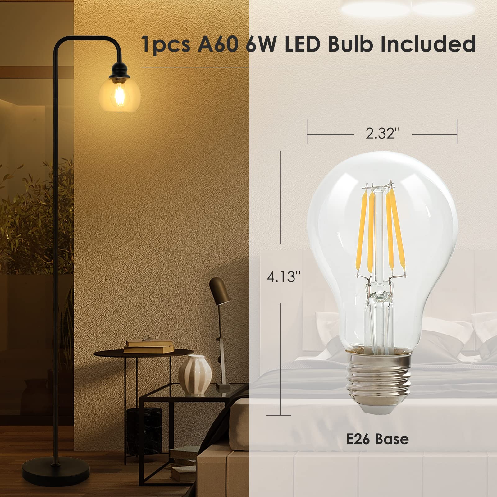 Modern Led Floor Lamp, Industrial Floor Lamps With Hanging Clear Glass Shade, Black Classic Reading Tall Lamp For Office, Standi