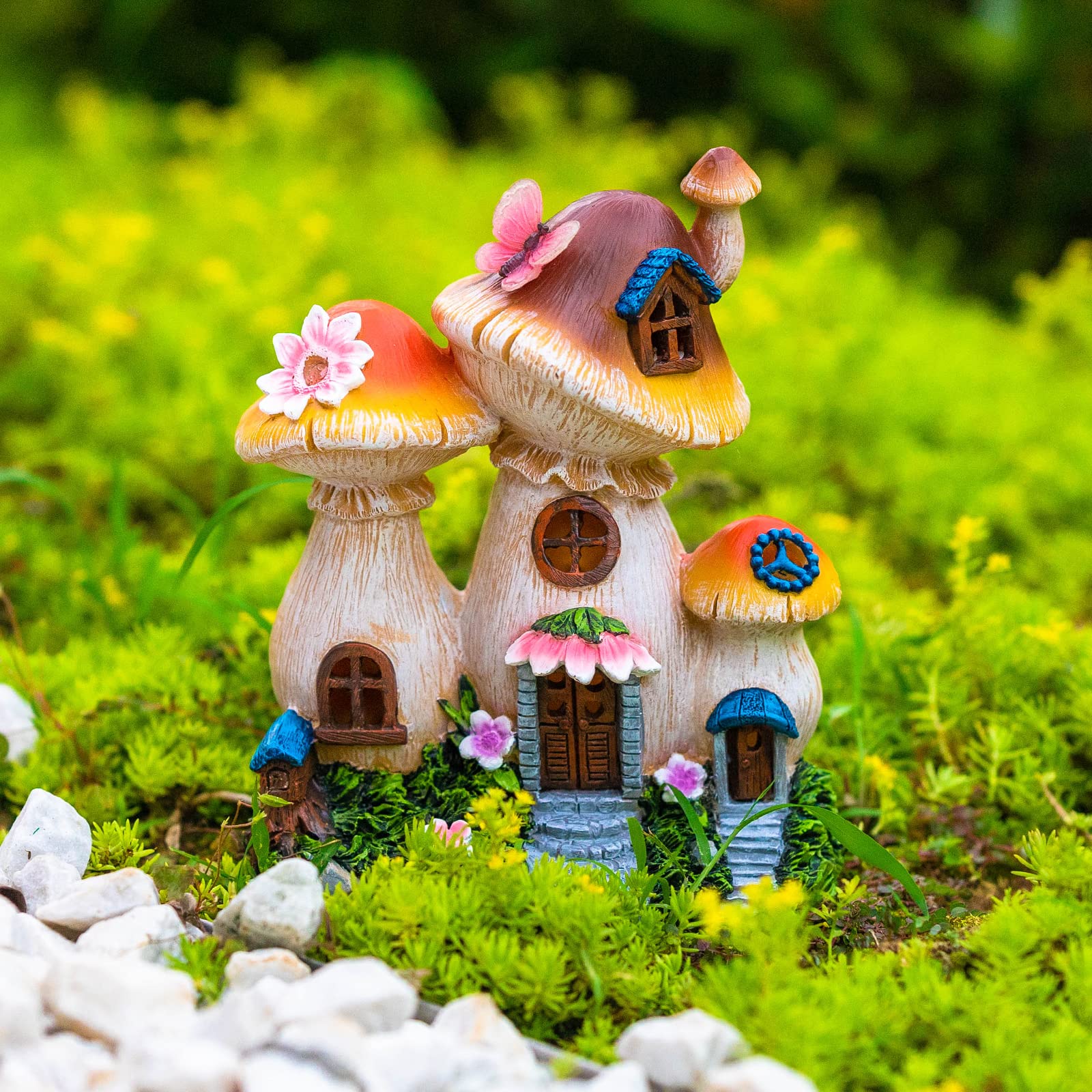 Candieslife Solar Garden Statue Lights Mushroom Fairy House Figurine, Outdoor Memorial Garden Ornaments Waterproof Decoration Fo