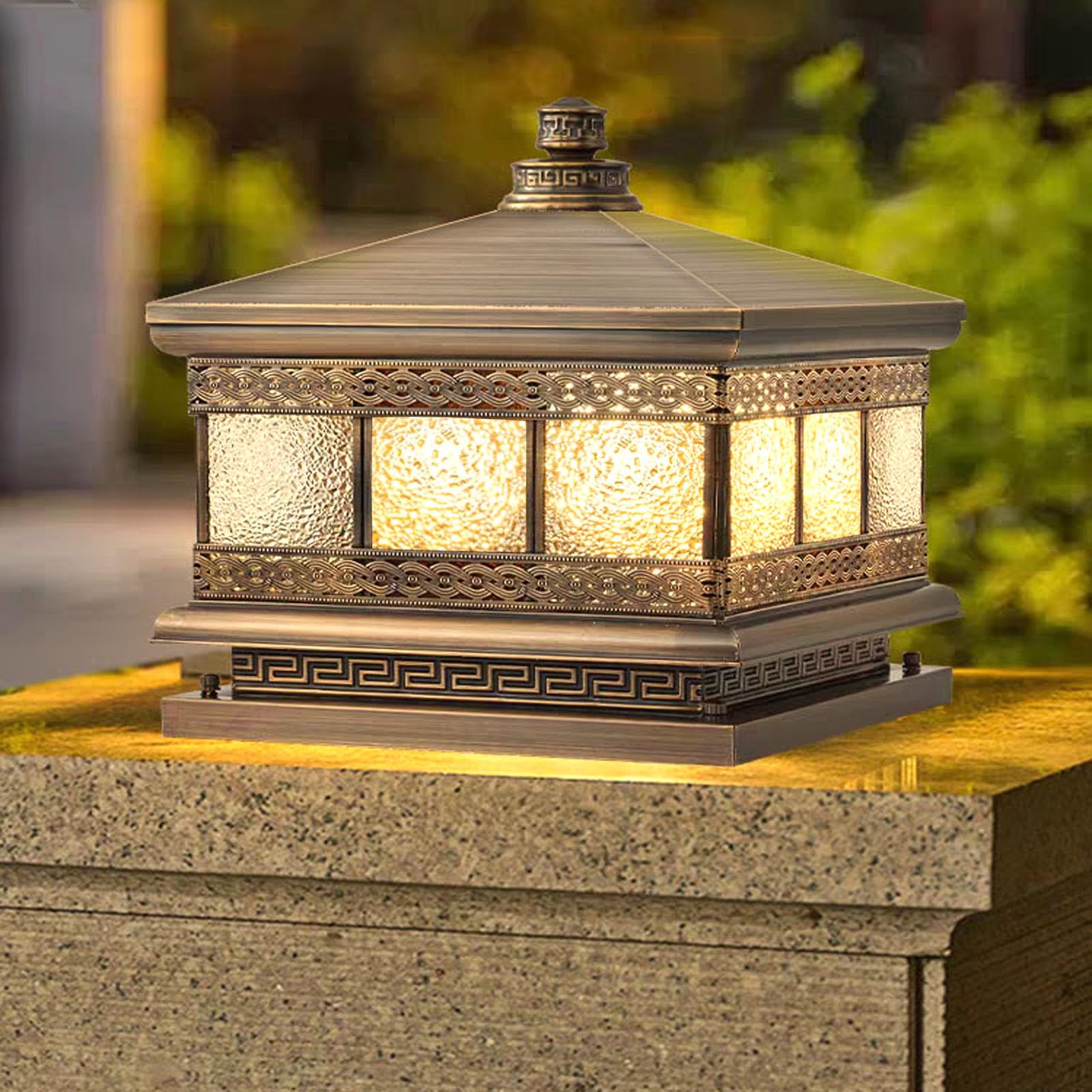 All Copper Steel Glass Outdoor Post lights  Waterproof Pillar Light  Vintage Patio Lawn Column Lamp outdoor column lights Deck Lights  Lantern Fence Lamp Fixture E26 Base (Diamond glass  10X10IN)