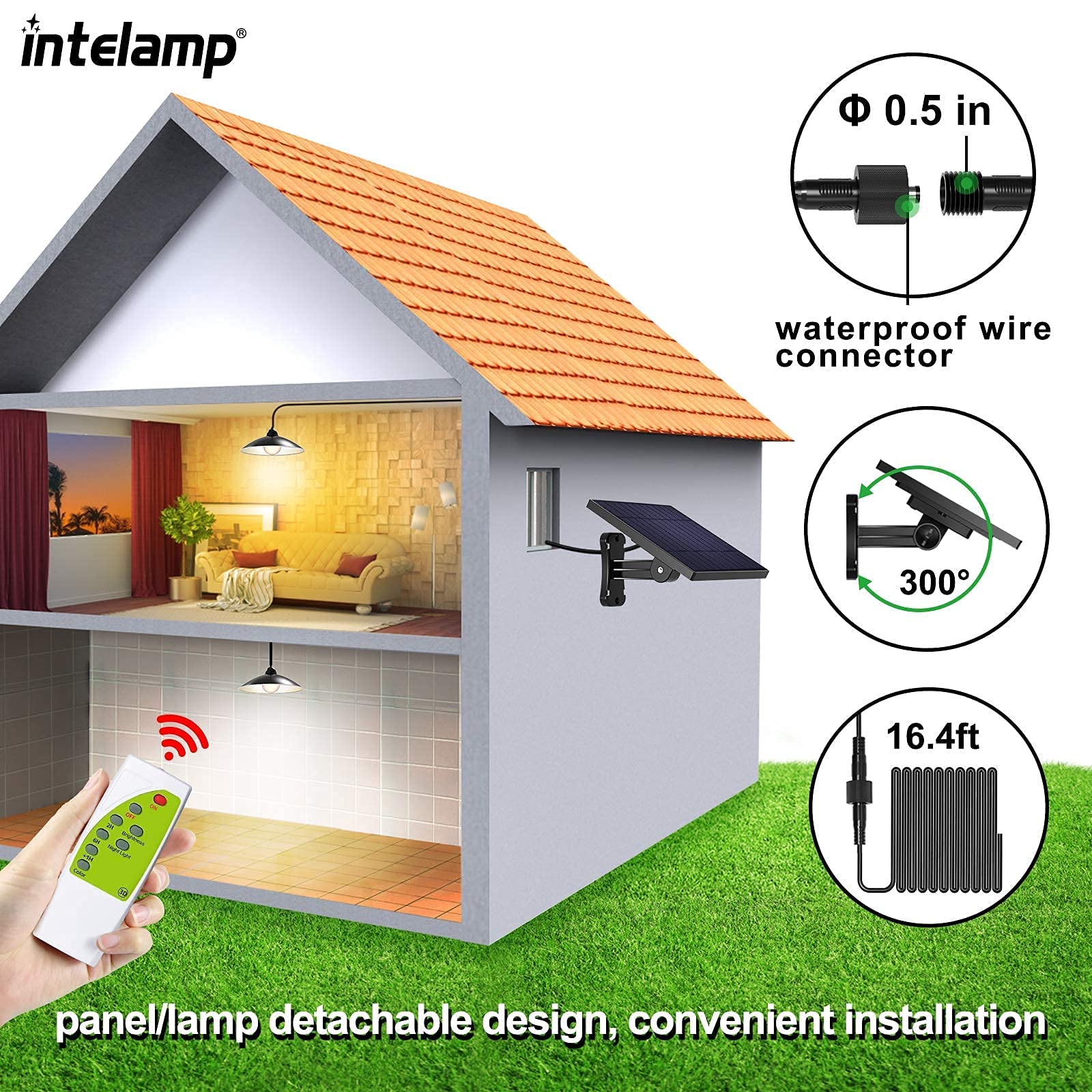 intelamp Solar Pendant Lights - Remote Control, Solar-Powered, Stainless Steel, Black, 1 Pack, Model TGD002-JP for Indoor & Outdoor Use