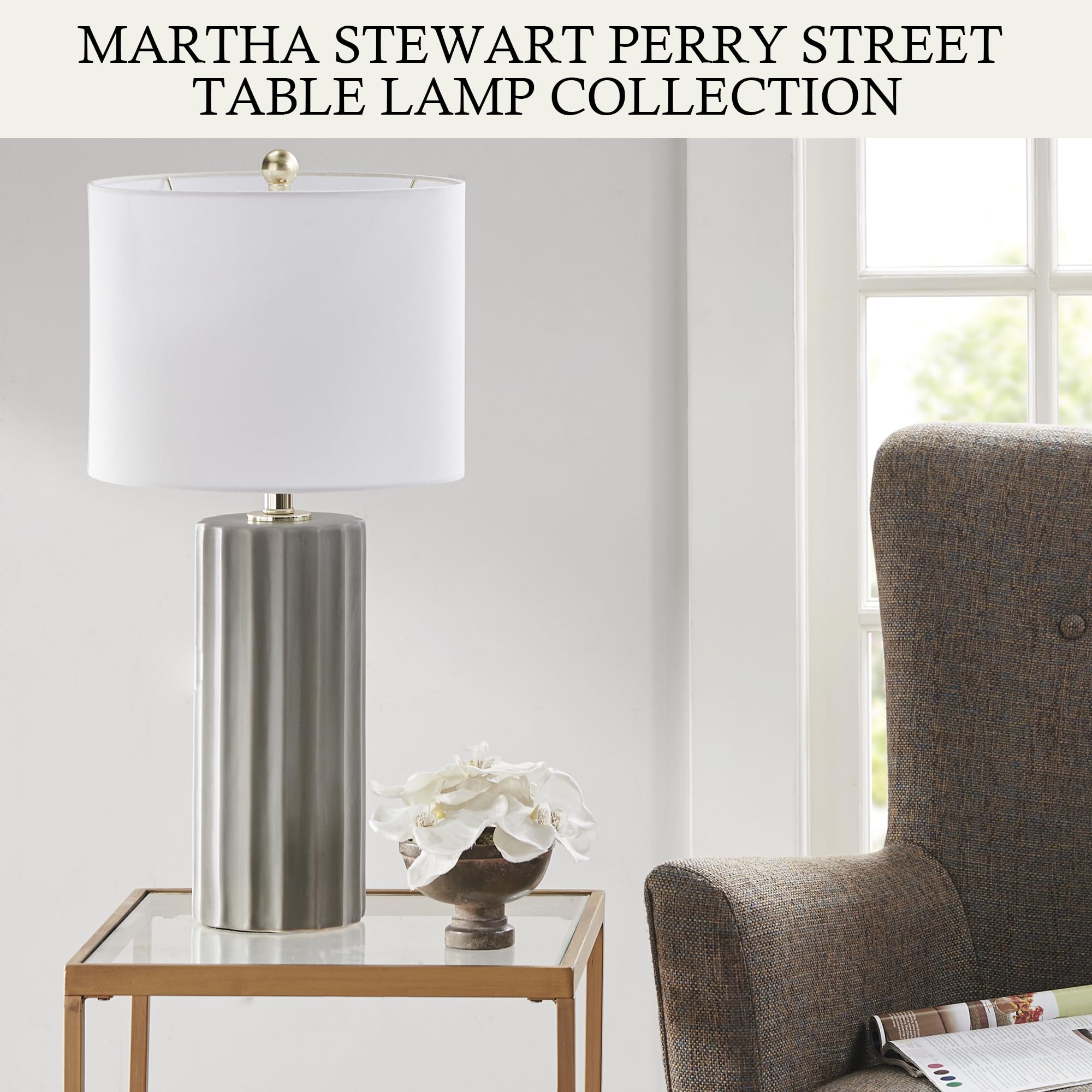 Ink+Ivy Ceramic Fluted Table Lamp - 27 Grey Nightstand Lamp With Linen Shade, Rotary Switch, Accent Decor