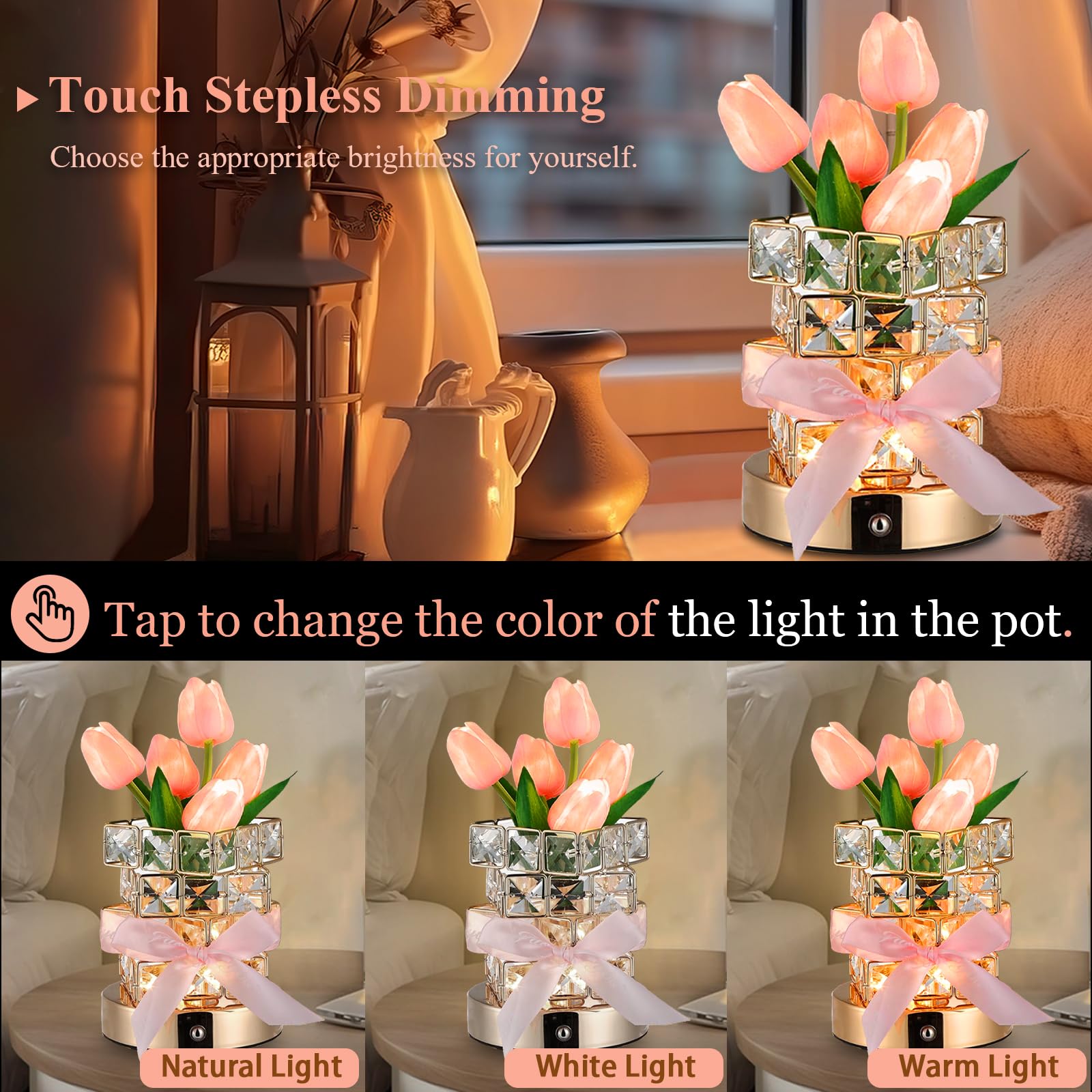 Tulip Table Lamp, 3-Color Dimmable Artificial Flowers Night Light, Rechargeable Cordless Small Desk Lamp, Fake Bouquet 5 Tulip W