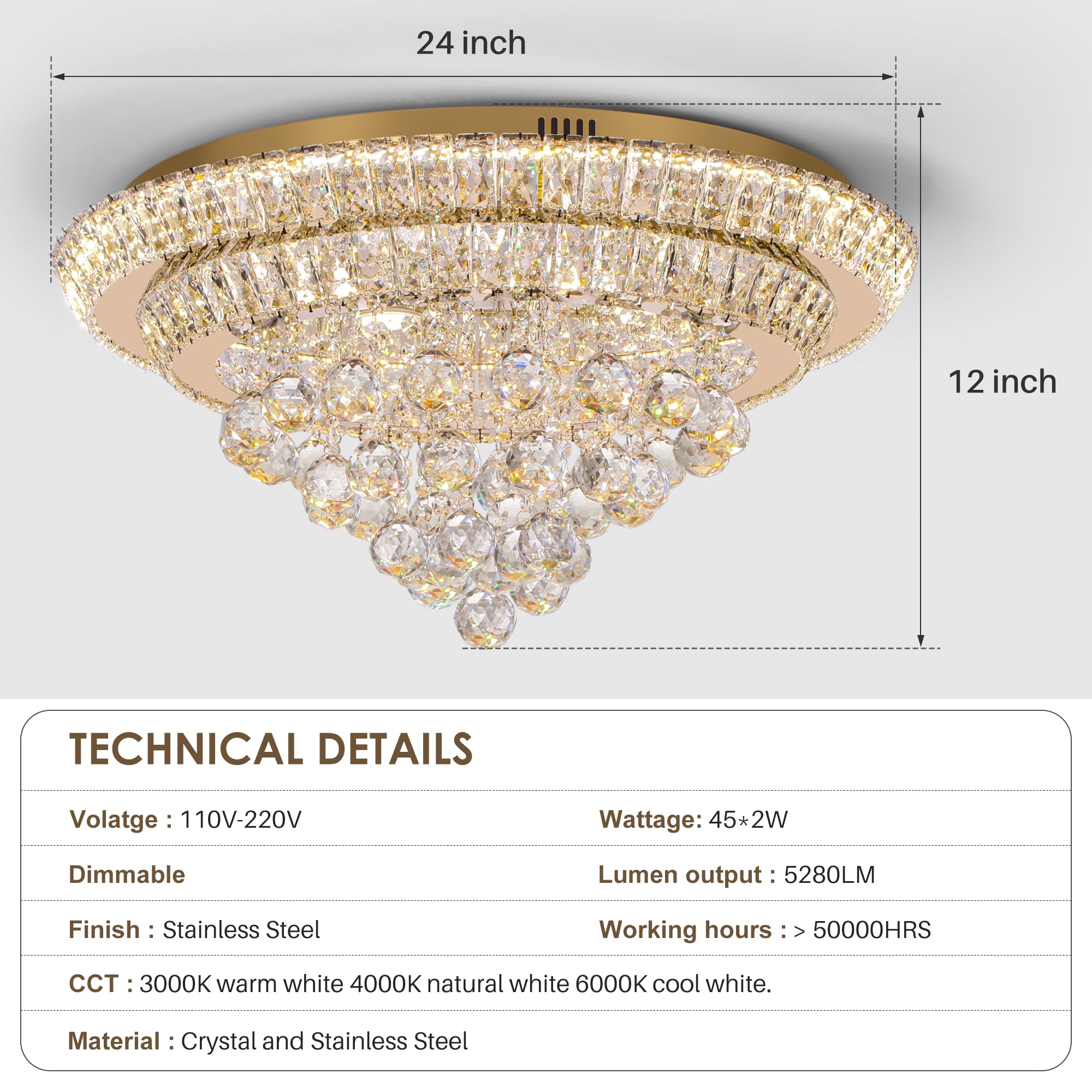 Miuyhji Large Led Crystal Raindrop Ceiling Light,Rose Gold, 24'' Elegant Semi Flush Mount Chandelier Light Fixture With Remote C