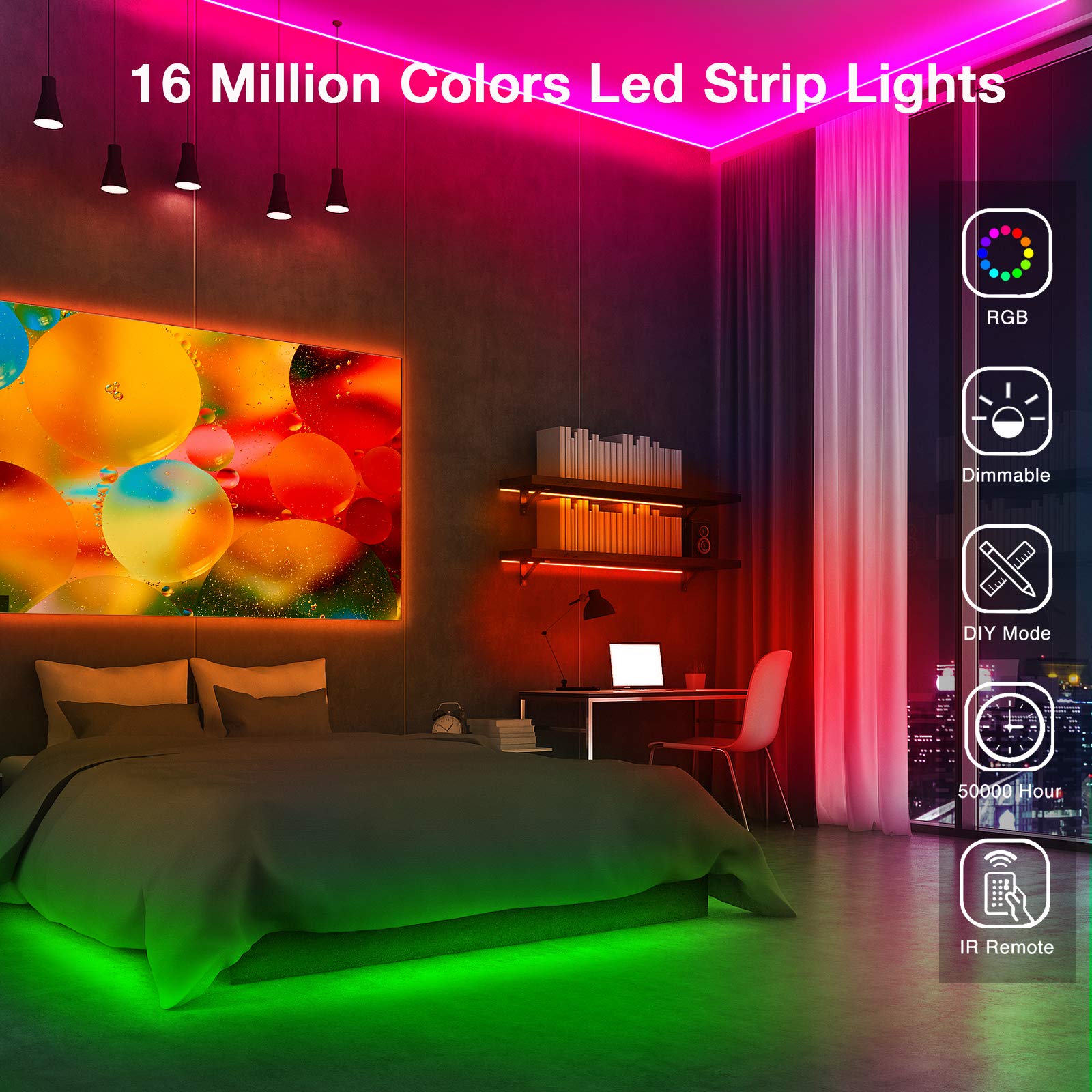 Volivo 65.6 Ft Led Strip Lights, Rgb Color Changing With 44 Keys Remote For Home Decoration