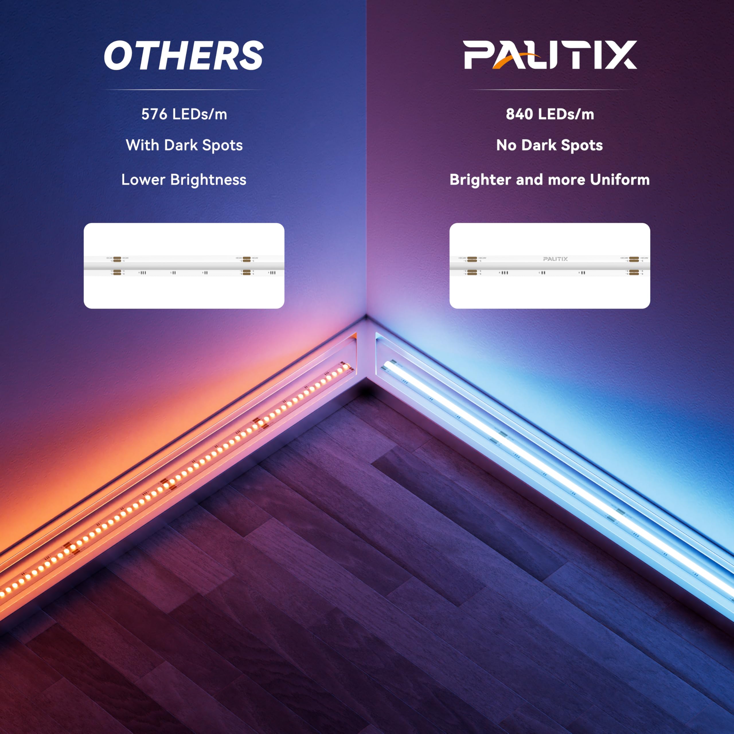 PAUTIX RGB COB LED Strip Light 16.4ft/5m, UL Listed Multicolor Flexible Tape, Model SRGB840F010W24-COB-5M-S