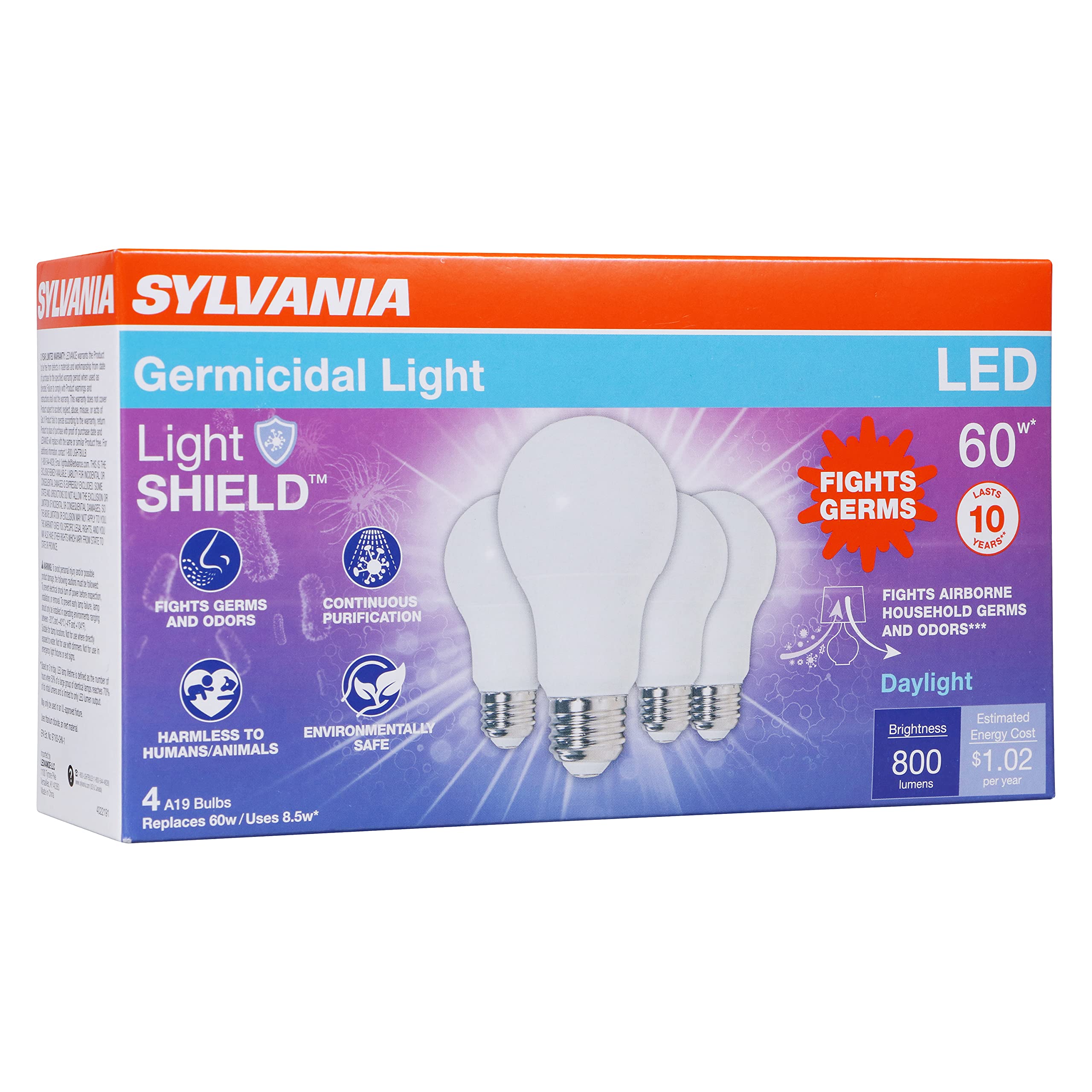 LEDVANCE SYLVANIA LightSHIELD A19 Germicidal LED Bulb, 8.5W=60W, 800 lm, 5000K Daylight, Non-Dimm
