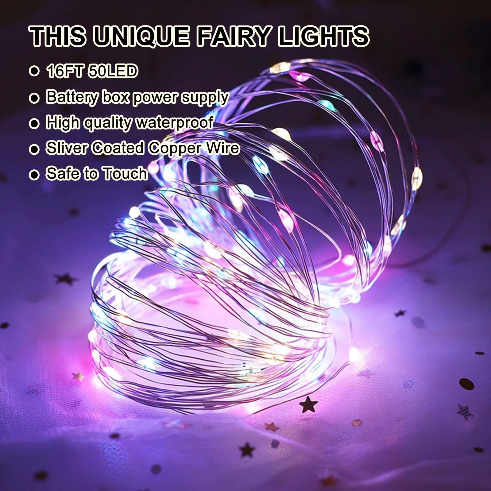 Sinamer Multicolor Fairy Lights Battery Operated (Included), 8 Modes & Auto Timer, 2 Packs 5M 50Led Mini Twinkle Silver Wire Firefly Starry Lights, Waterproof Battery Operated Lights For Bottle
