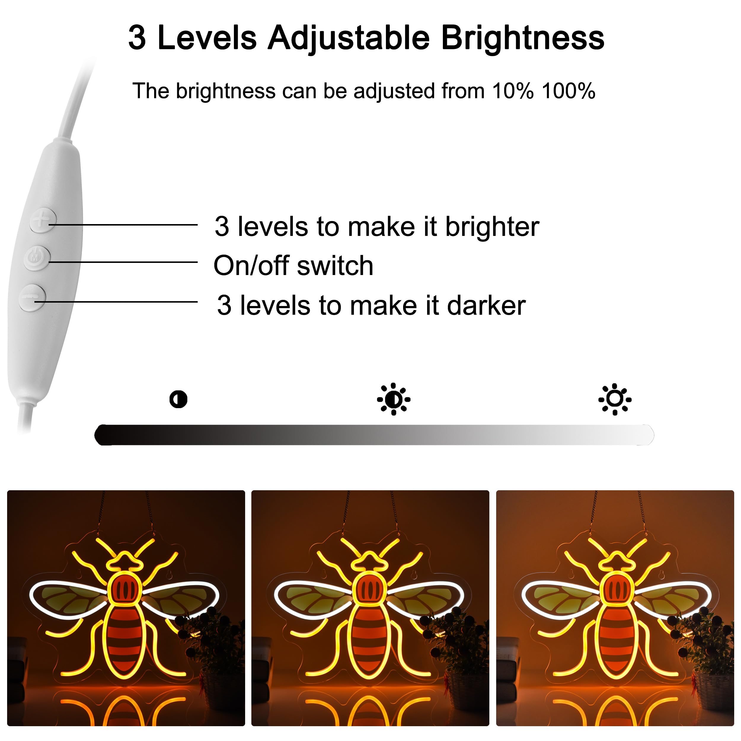 Roouneon Bee Neon Sign - Dimmable Led Wall Décor In Yellow & White, 13"X17" Acrylic Light