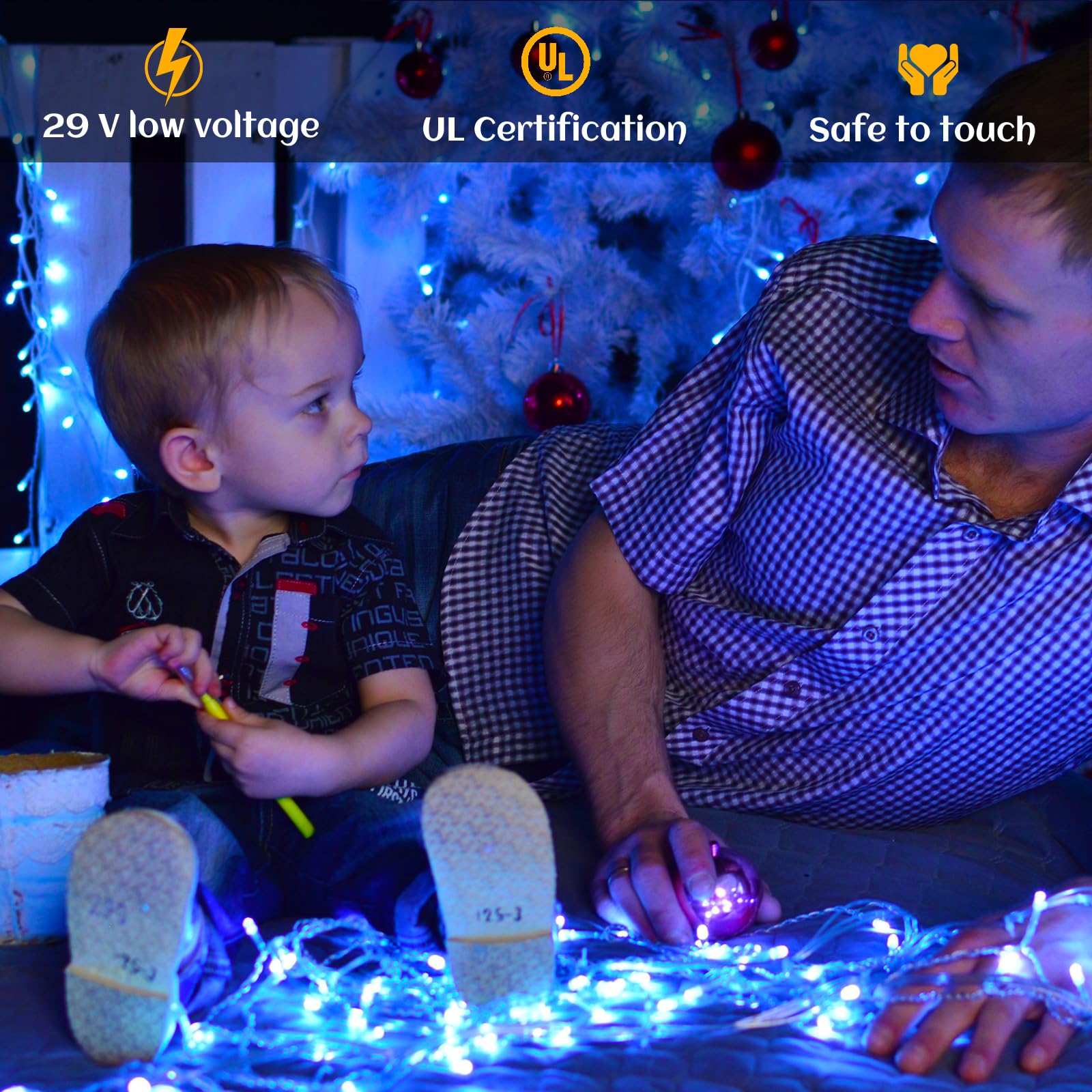 Nielfoi 132ft Icicle Lights, 1280 LED Blue Outdoor Christmas Lights, Waterproof, 8 Modes, Model BG-CL3M3-306L01